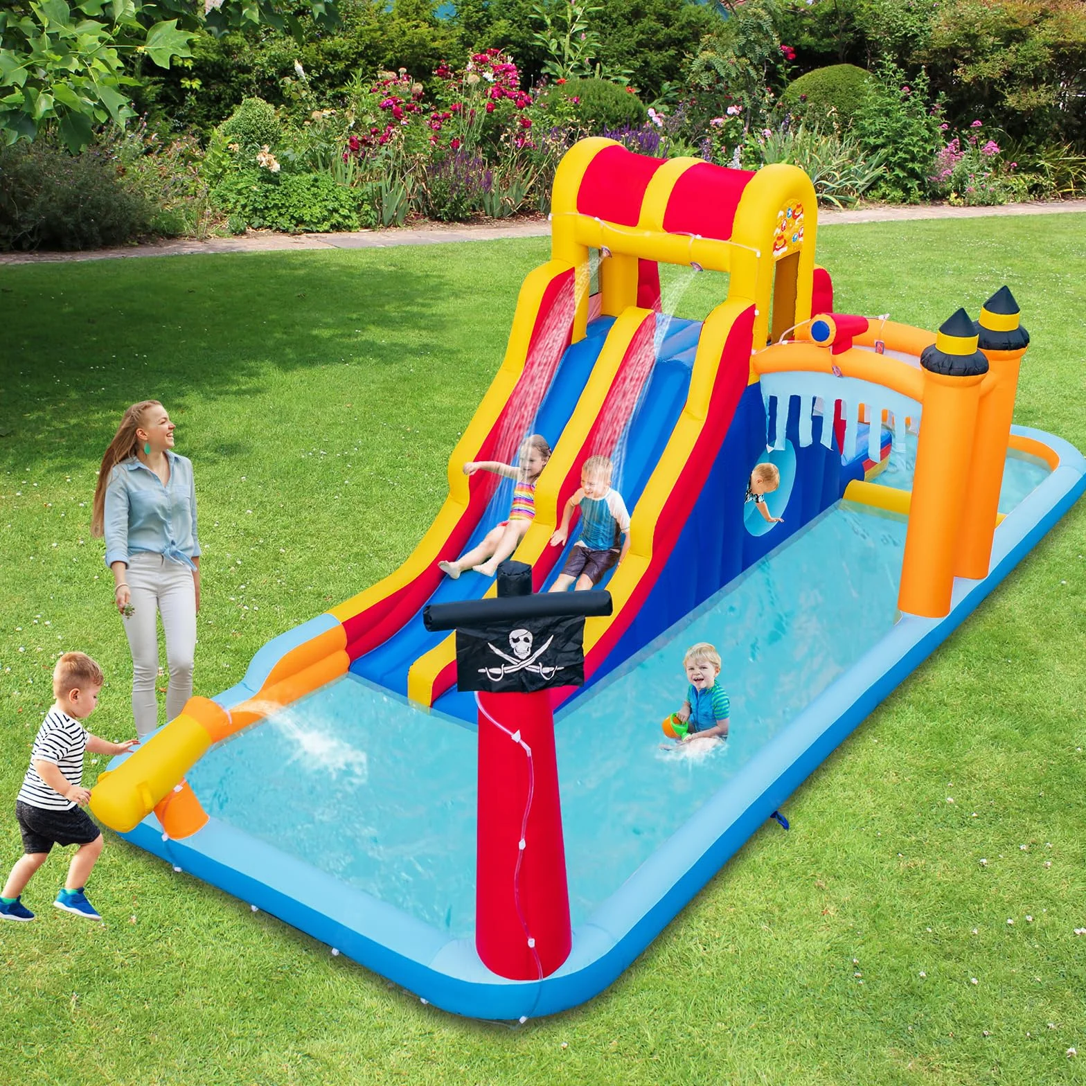 COSTWAY Castillo Hinchable Acuatico, 4 en 1 Castillo Hinchable para Niños 3-10 Años con 3 Niños, 693 x 295 x 263 cm, Seco y Agua, Insuflavel Crianças Interior Exterior