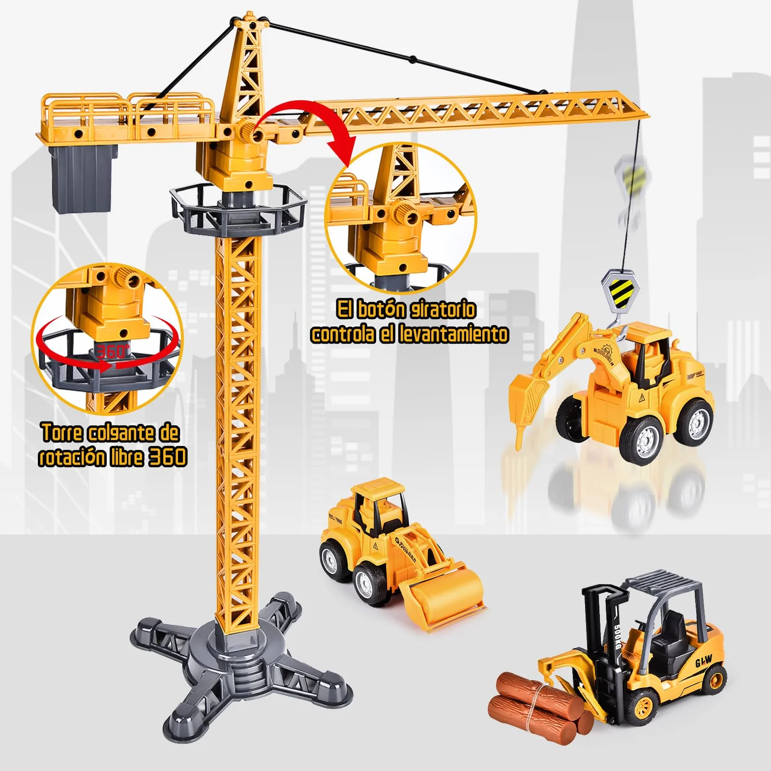 Herefun Vehículos Construcción Grandes, Camión y Grúa Con Sonido, Juguete Transportador Para Niños 3,4+