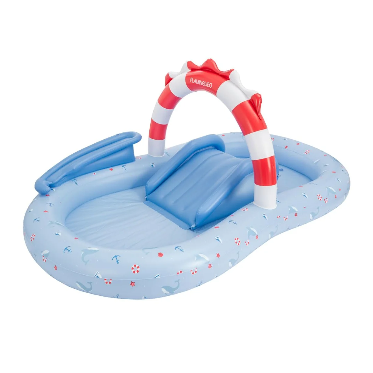 Flamingueo Piscina Infantil Doble - con Aspersor - para Playa y Jardín - PVC Resistente - 6 Pelotas Incluidas - 245 x 140 x 100 cm - Azul