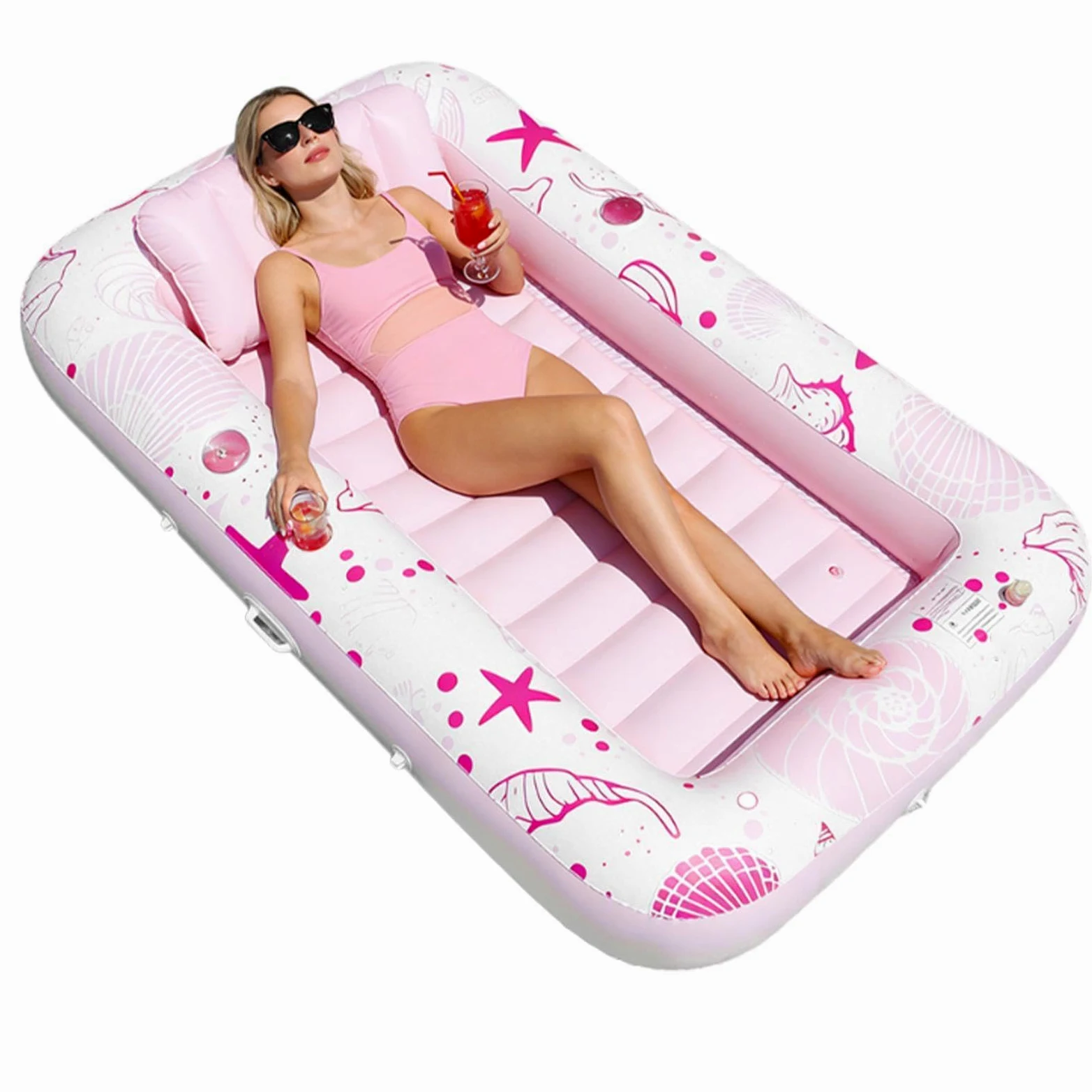 Tumbona de piscina bronceada – Tumbona hinchable con función de soporte para bebidas, colchón flotante para el tiempo libre | Relajantes asientos de agua al aire libre para adultos, familias, resort