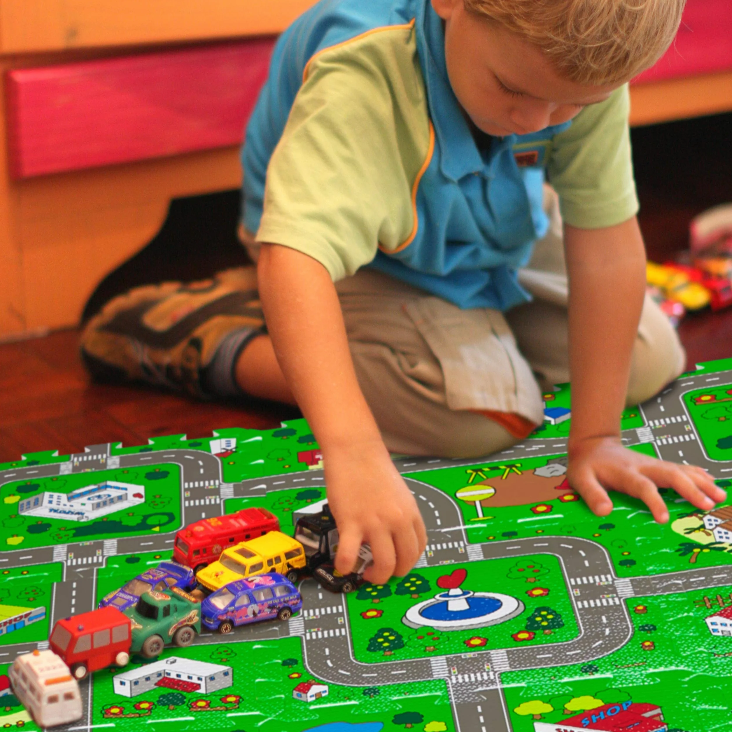Relaxdays Alfombra Puzzle Ciudad, Alfombrilla Juego 9 Piezas, Niños y Bebés, Goma EVA, sin Tóxicos, 90x90 cm, Multicolor