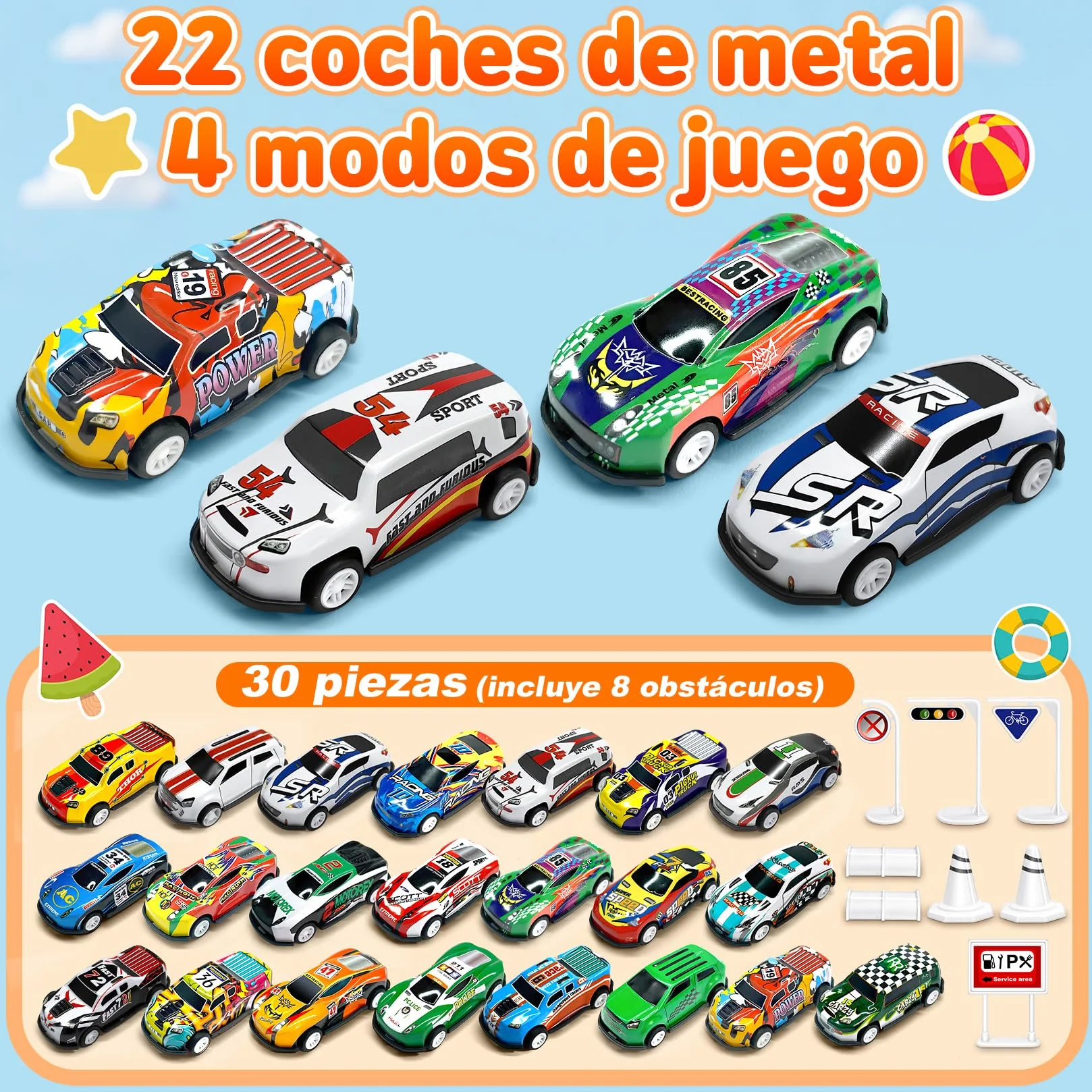 Coches para Niños, Juguete Coche de Carreras, 22 Pack Micromachines de Retroceso de Metal con 8 Obstáculos, Mini Racers Cars Juguetes 3 4 5 6 7 8 Años, Navidad Cumpleaños Fiesta Regalos