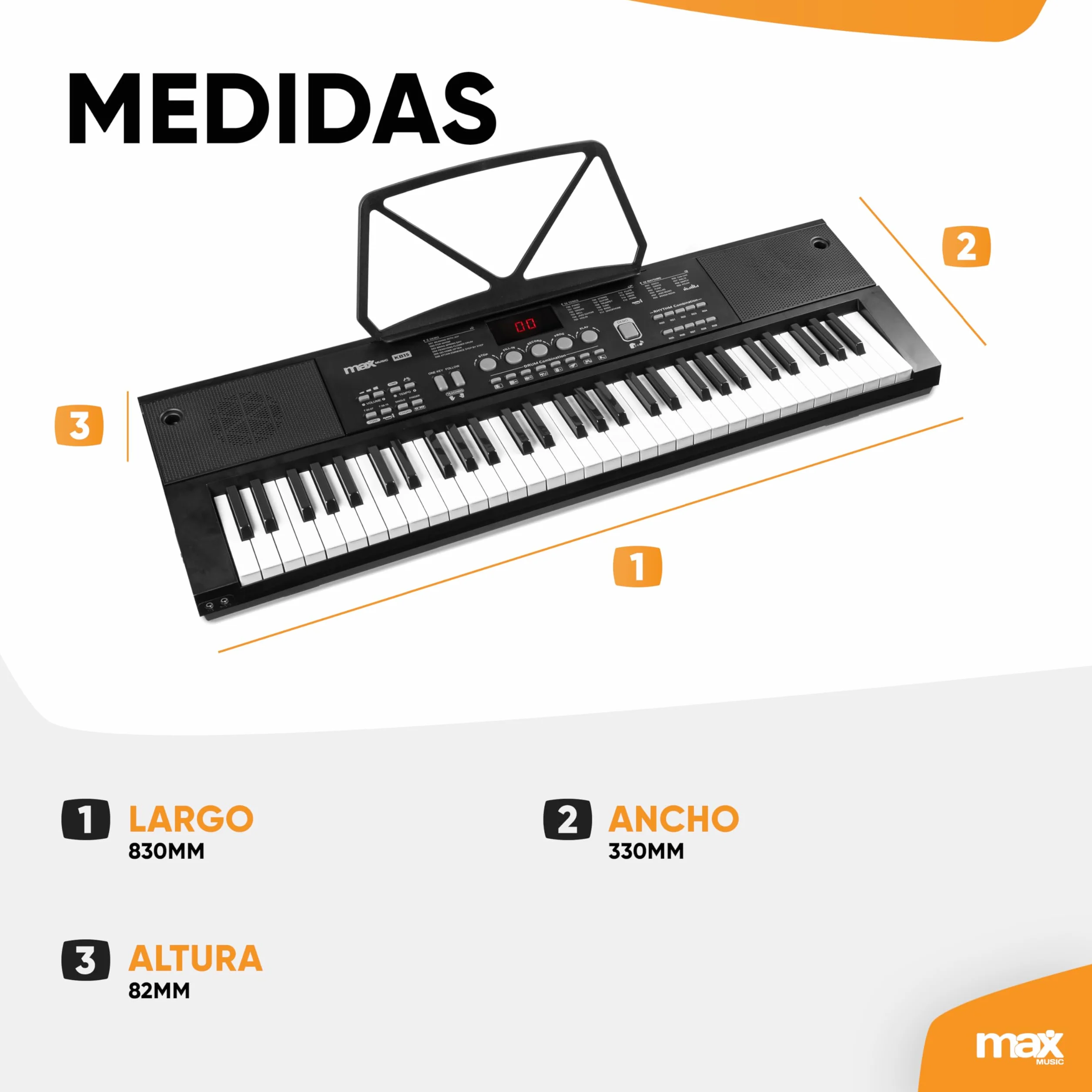 MAX KB15 - Teclado piano con 61 teclas, micrófono y pantalla, teclado con soporte, 8 horas de batería, 70 canciones, 16 sonidos, 8 percusiones, función de aprendizaje, teclado piano para niños, USB-C