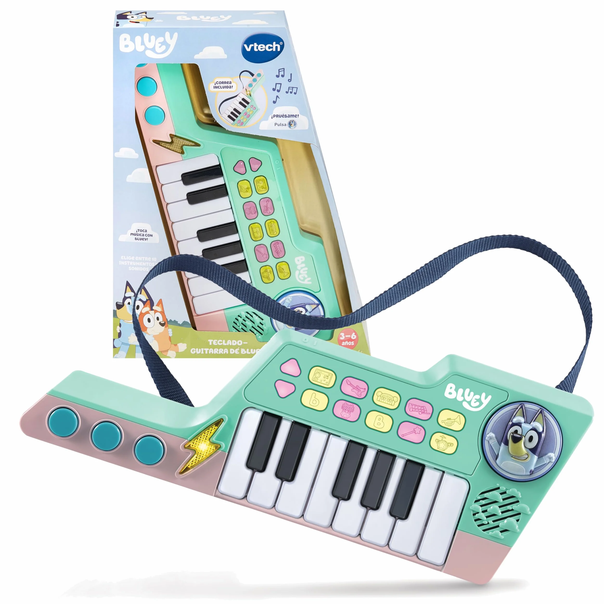 VTech - Teclado-Guitarra de Bluey, Piano y Guitarra interactiva 2 en 1, Elige Entre 10 Instrumentos y Sonidos, CREA Tus propias melodías, Regalo niños +3 años, Versión ESP