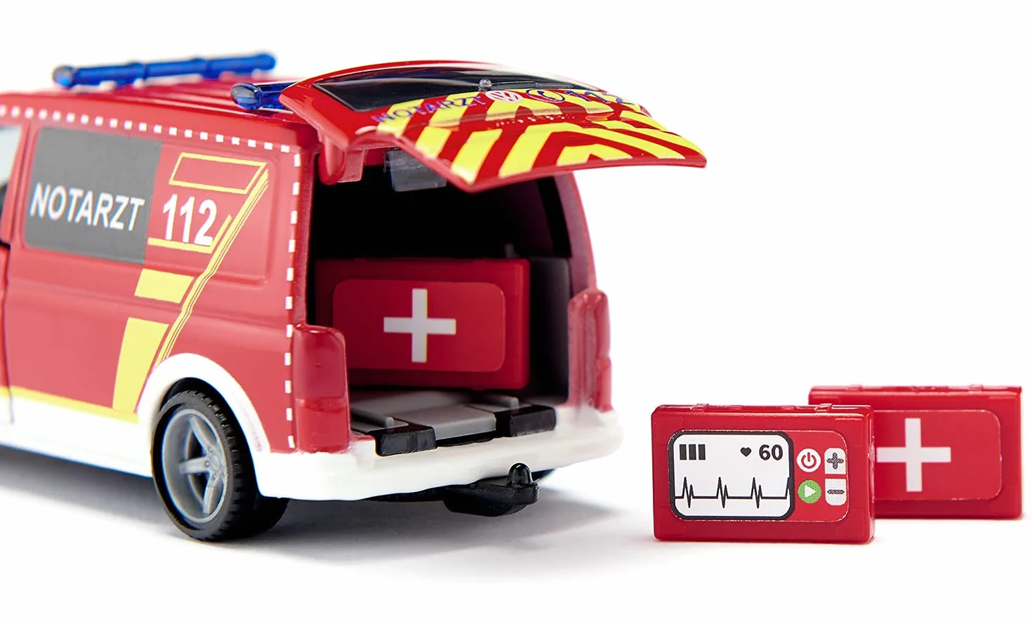 Siku 2116, VW T6 Ambulancia de Emergencia, Metal/plástico, 1:50, Rojo/Blanco, Ruedas Intercambiables, Puerta del Conductor y del acompañante y portón de atrás abribles, Incl. Accesorios