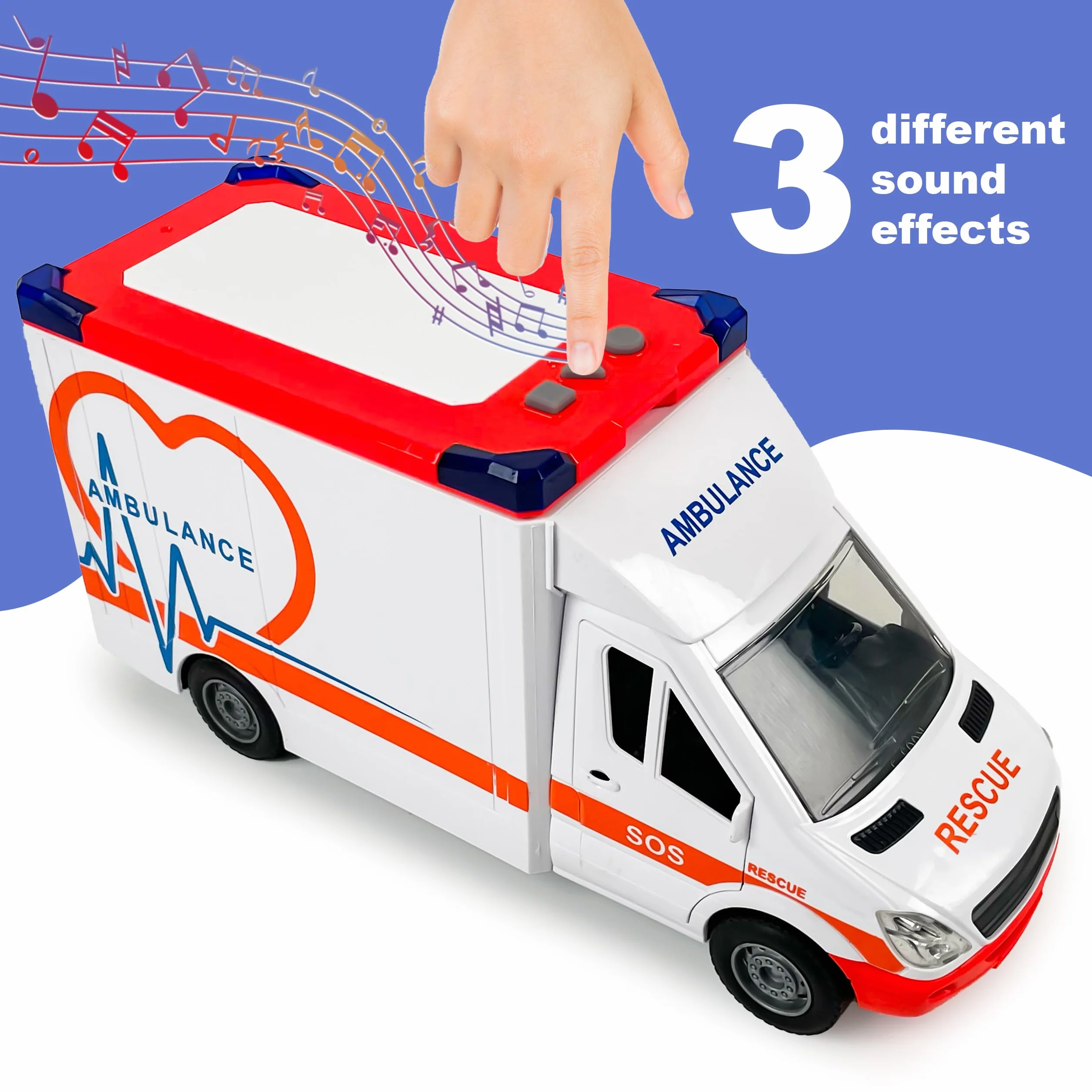CELMAN Juguete de ambulancia, ambulancia ambulancia con camilla, portón trasero para abrir, luz y sonido, coche de juguete grande para niños a partir de 3, 4, 5, 6, 7, 8 años