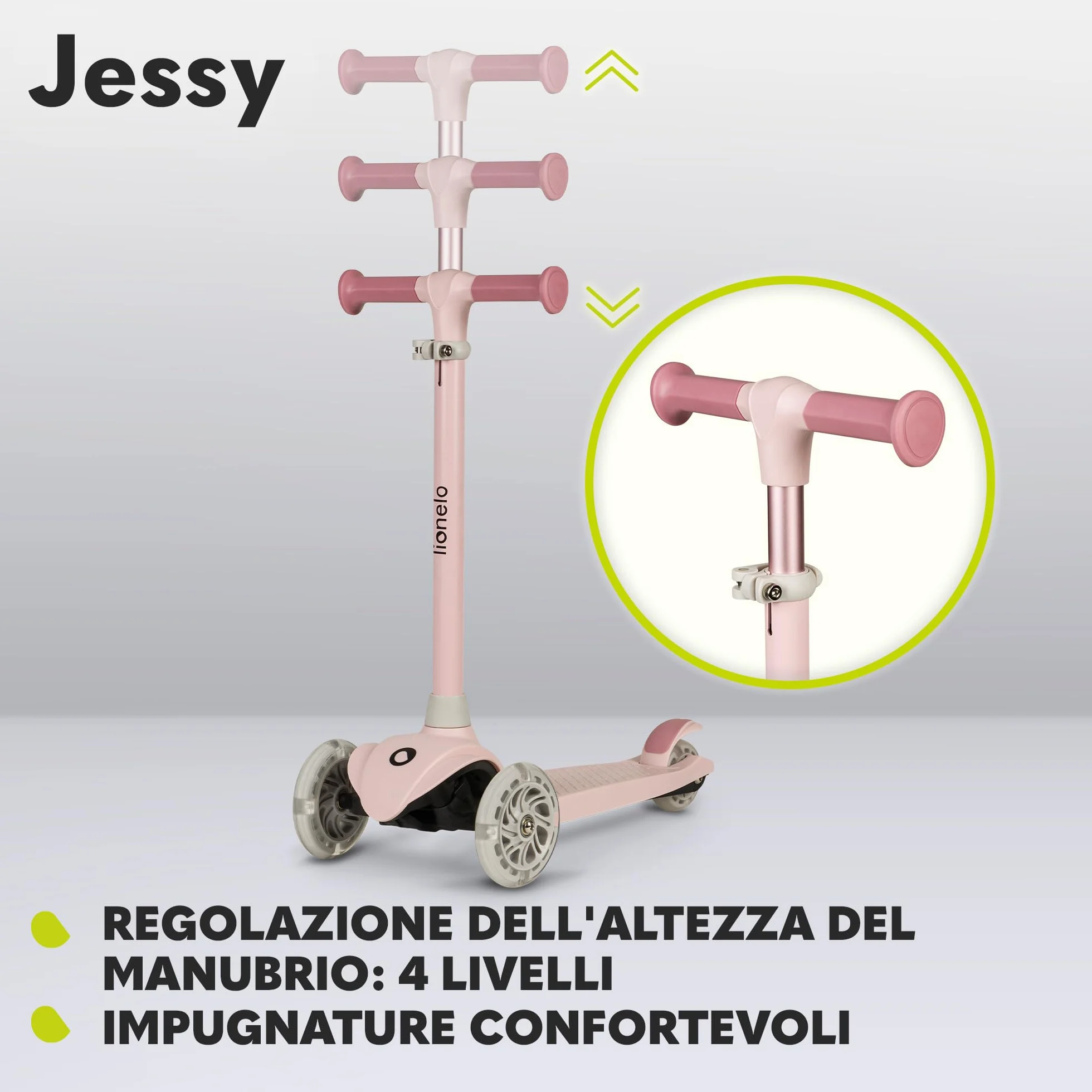 LIONELO Jessy Scooter de Equilibrio para niños de 3 años hasta 50 kg, Scooter de 3 Ruedas Ligero con Ajuste de Altura, Ruedas LED, Plataforma Antideslizante