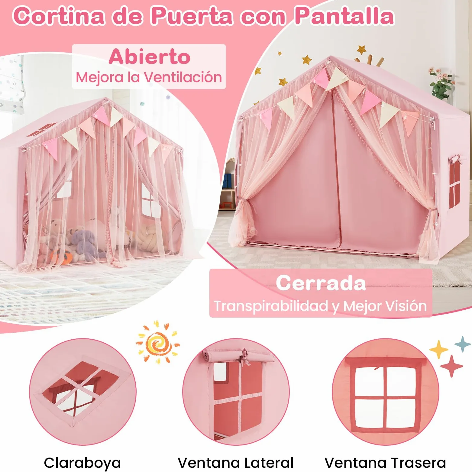 COSTWAY Tienda de Campaña Infantil, Tienda Tipi Infantil con 2 Cortinas de Tela y Malla, Luces de Estrellas, 2 Ventanas Transpirables, Almohadilla de Algodón, Casita Niños Tela para 3-4 Niños (Rosa)