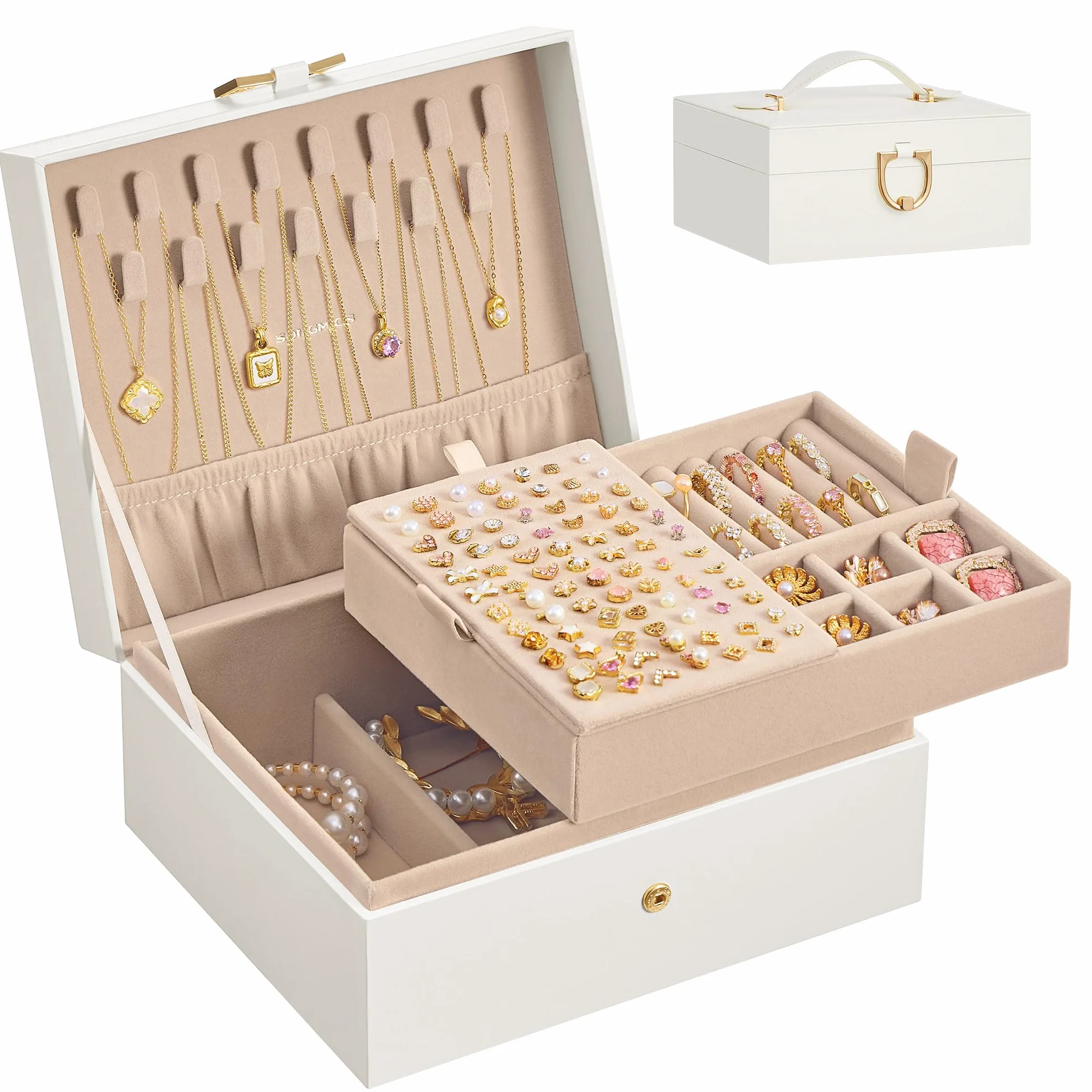 SONGMICS Caja Joyero, Organizador de Joyas de 2 Niveles con Bandeja Extraíble y Asa, para Collares, Pendientes y Anillos, 17 x 20,5 x 9,5 cm, Ideal para Regalo, Blanco Crema JBC208WD01