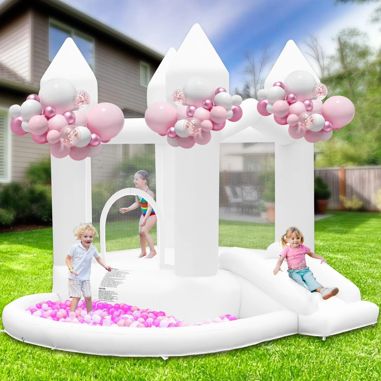 Castillo Hinchable Blanco para Niños con Soplador, Castillo Hinchable Interior Exterior con Tobogán, Trampolín, Gran Piscina de Bolas, para Boda Fiesta Cumpleaños, para 3-10 años, hasta 140 kg