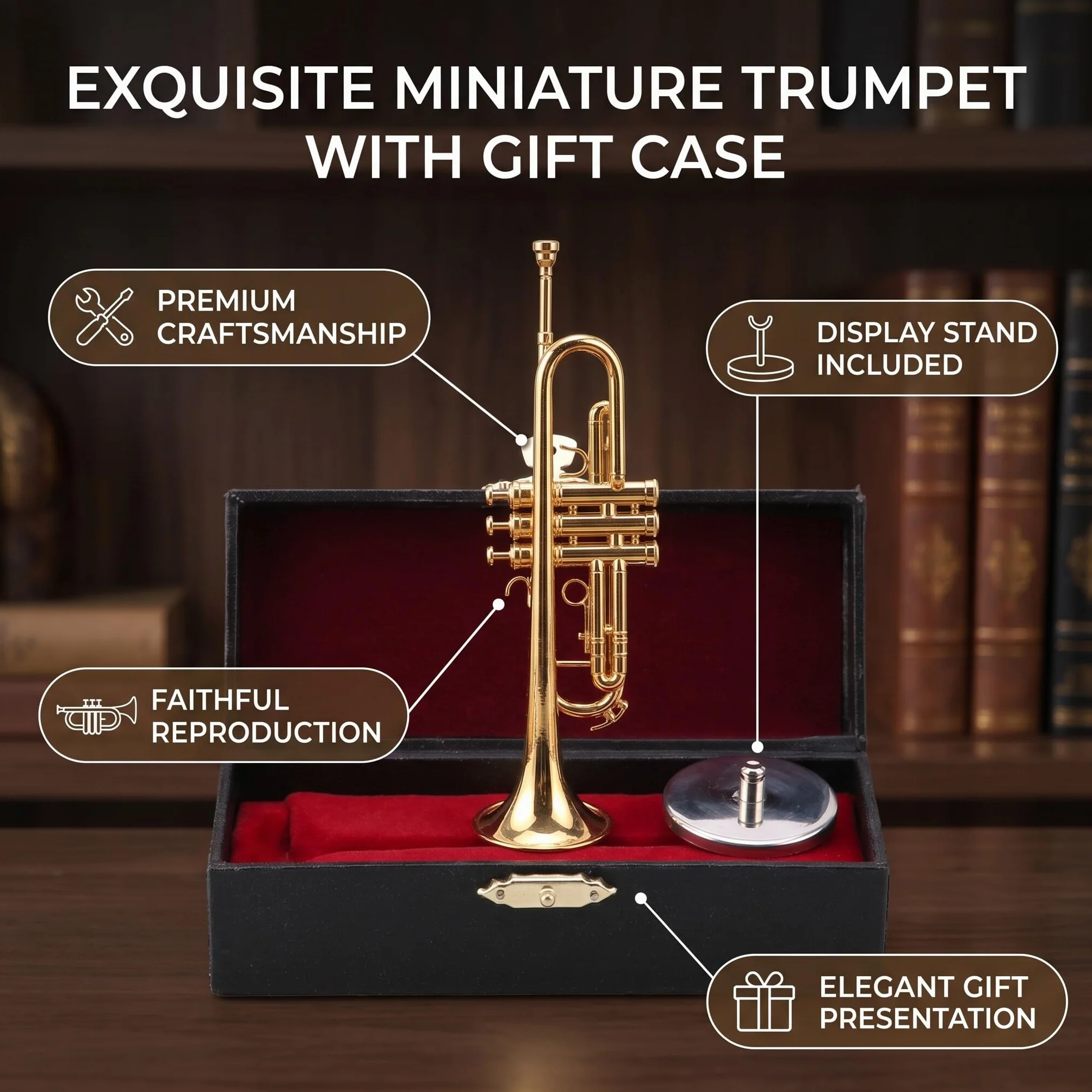 Trompeta Miniatura Réplica Mini Trompeta Caja Regalo Instrumento Musical Mini Modelo Instrumento Chapado Oro Adornos Musicales