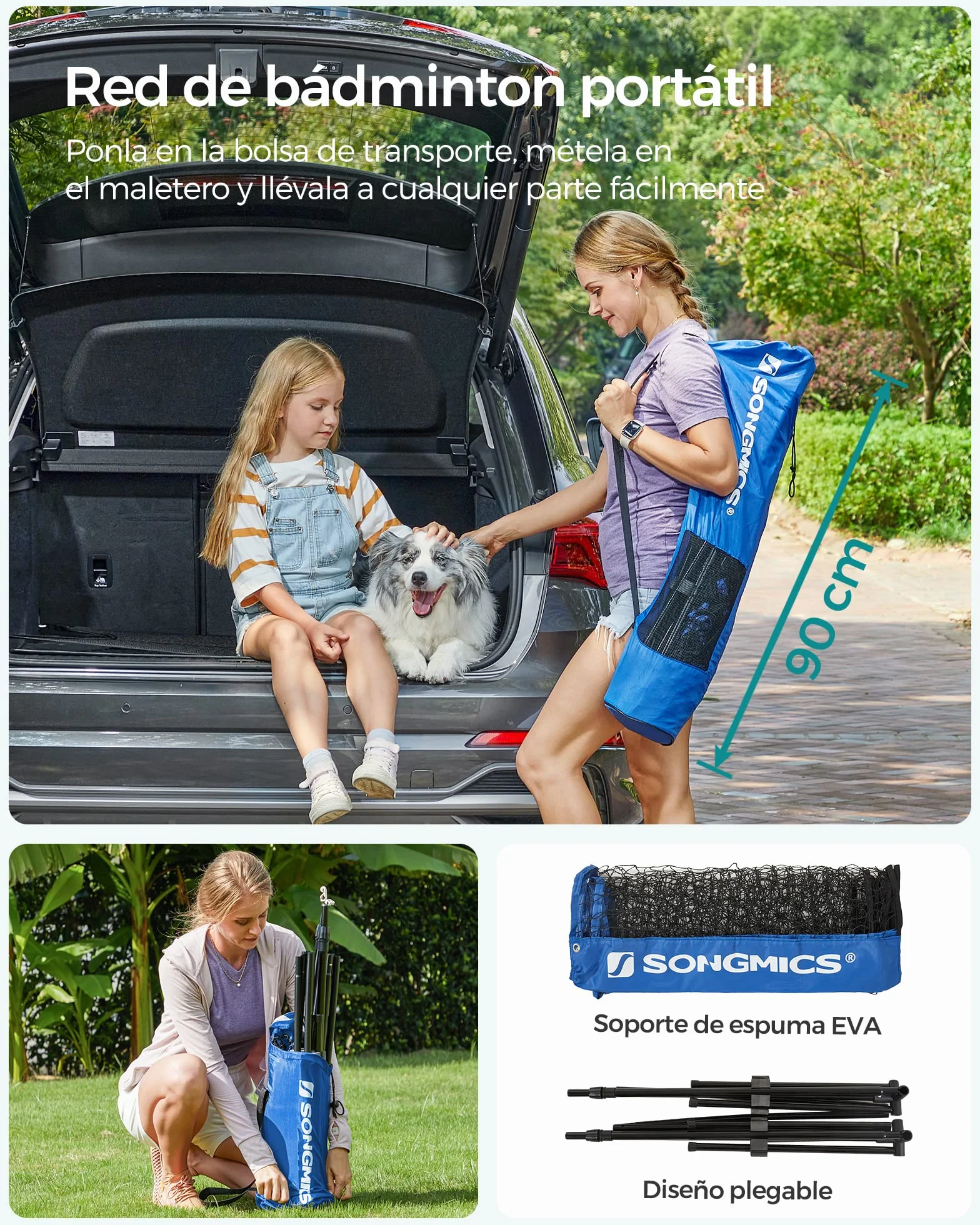 SONGMICS Red de Bádminton 4 m, Voleibol con Postes Ajustables, Portátil para Jardín, Parque, Exterior, Azul SYQ400