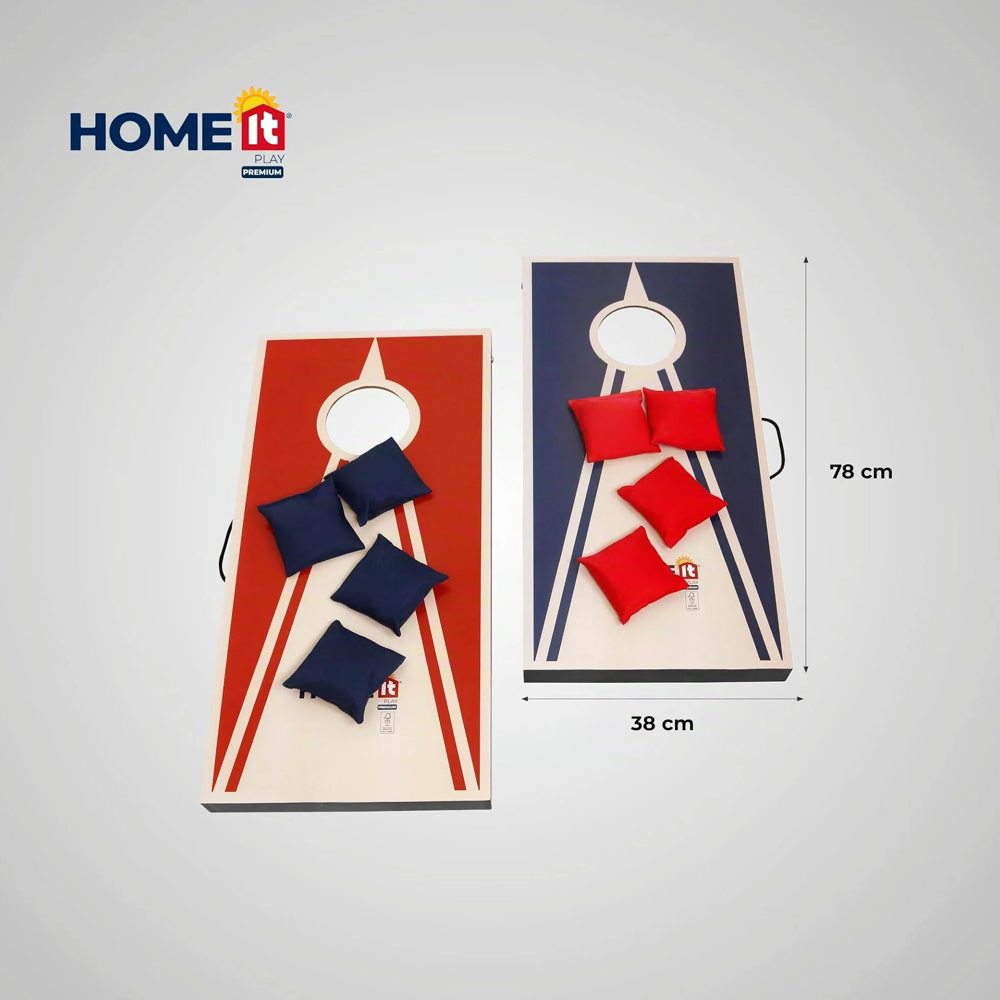 HOME It Play - Juego de Cornhole con Bolsas de Lanzamiento - 2 Tablas + 8 Bolsas - Juego de Exterior Compacto con Asas - Ideal para jardín y Playa Camping