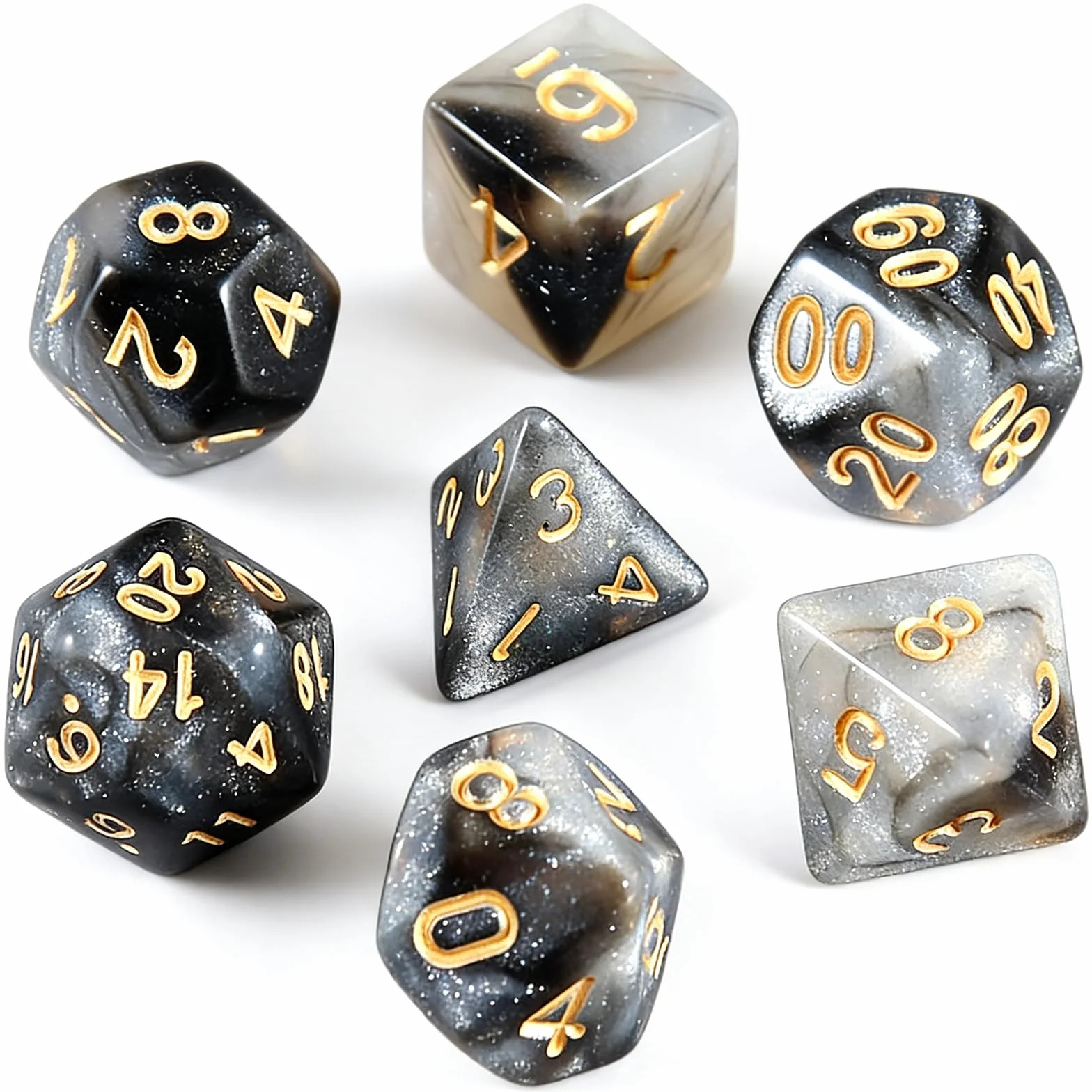 Juego 7 dados DND para Dungeon and Dragons, D&D, juegos rol, Pathfinder, juegos mesa - dados poliedros en tonos negros transparentes - combinación colores en negro, blanco y dorado