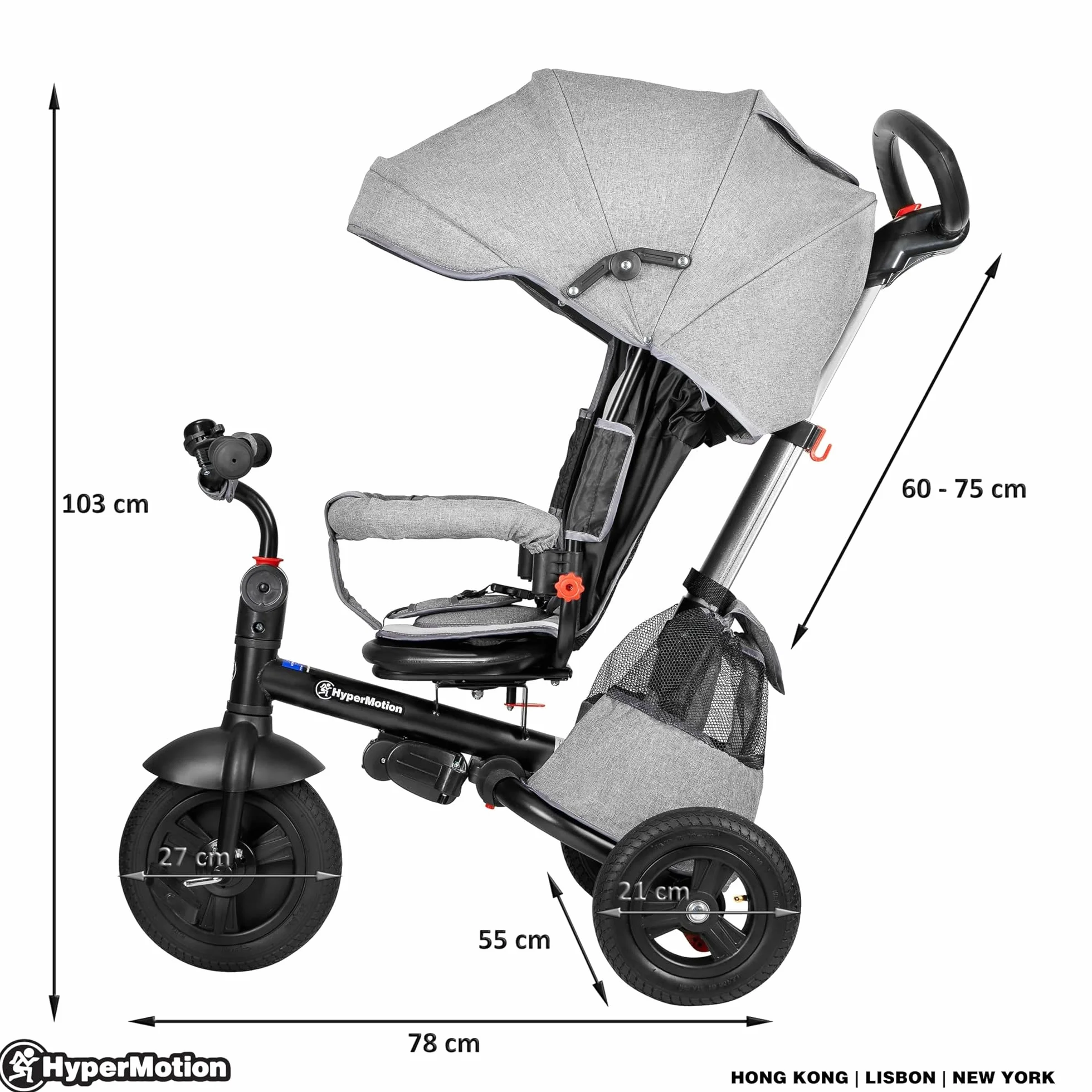 HyperMotion Triciclo Infantil 3 en 1 - Coche para Bebé con Asiento Giratorio y Cubierta de Lluvia - Triciclo Evolutivo 12 Meses a 5 Años, Plegable, Ruedas Bombeadas, 25kg, Gris