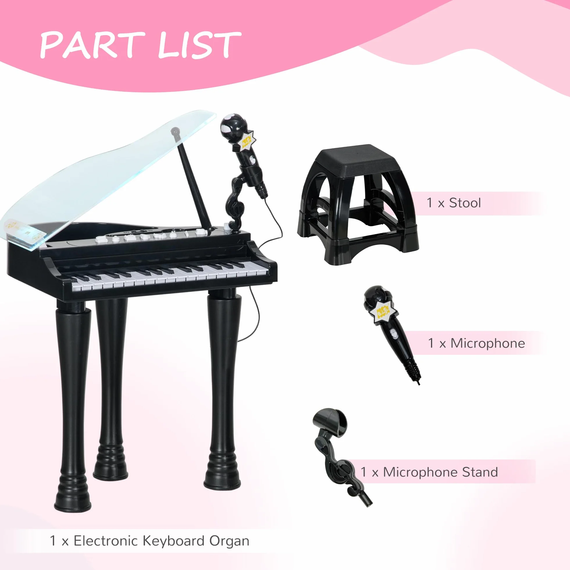 AIYAPLAY Piano Electrónico Infantil de 32 Teclas Juego de Piano con Micrófono Taburete Luces 22 Canciones 4 Sonidos Patas Desmontables y Volumen Ajustable 37x30,5x60,4 cm Negro