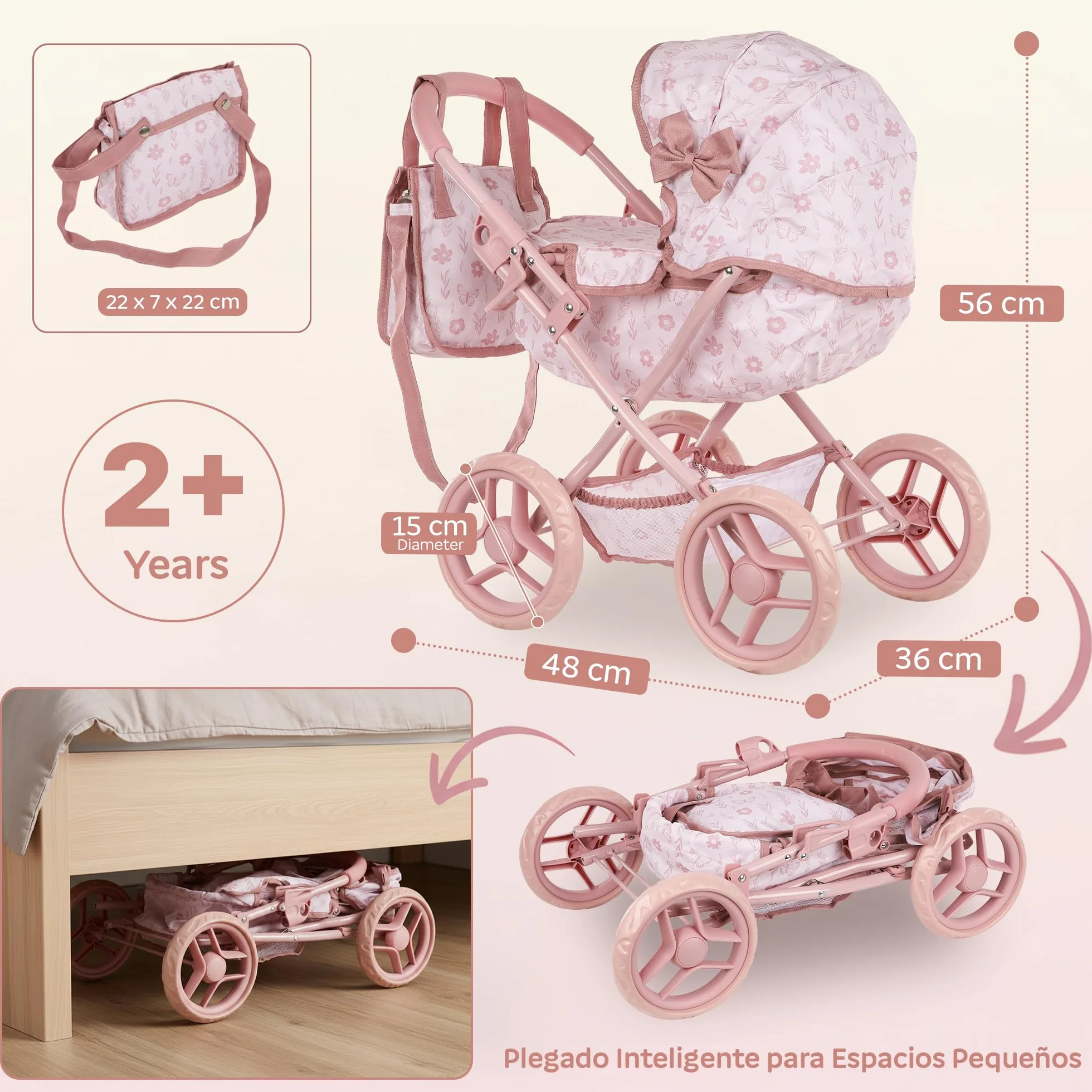 Kinderplay Cochecito de muñecas Profundo con Bolsa y Lazo KP0263A