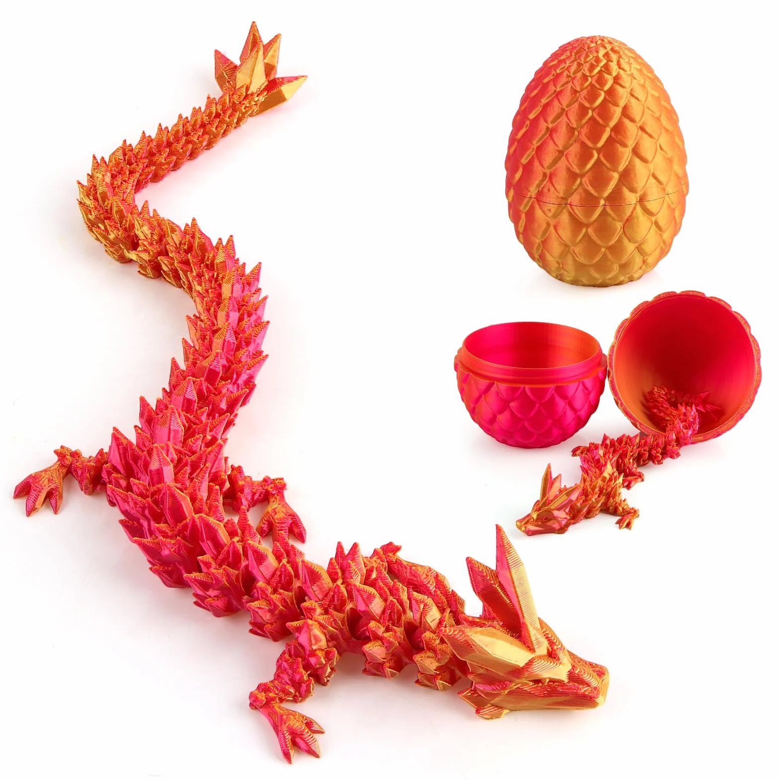 dellyy Dragón Articulado Impreso en 3D, Huevo Dragón Impreso en 3D, Misterioso Dragón de Cristal, Huevos de Dragón con Dragón en El Interior, Juguetes de Dragones en 3D (Rojo y Dorado)