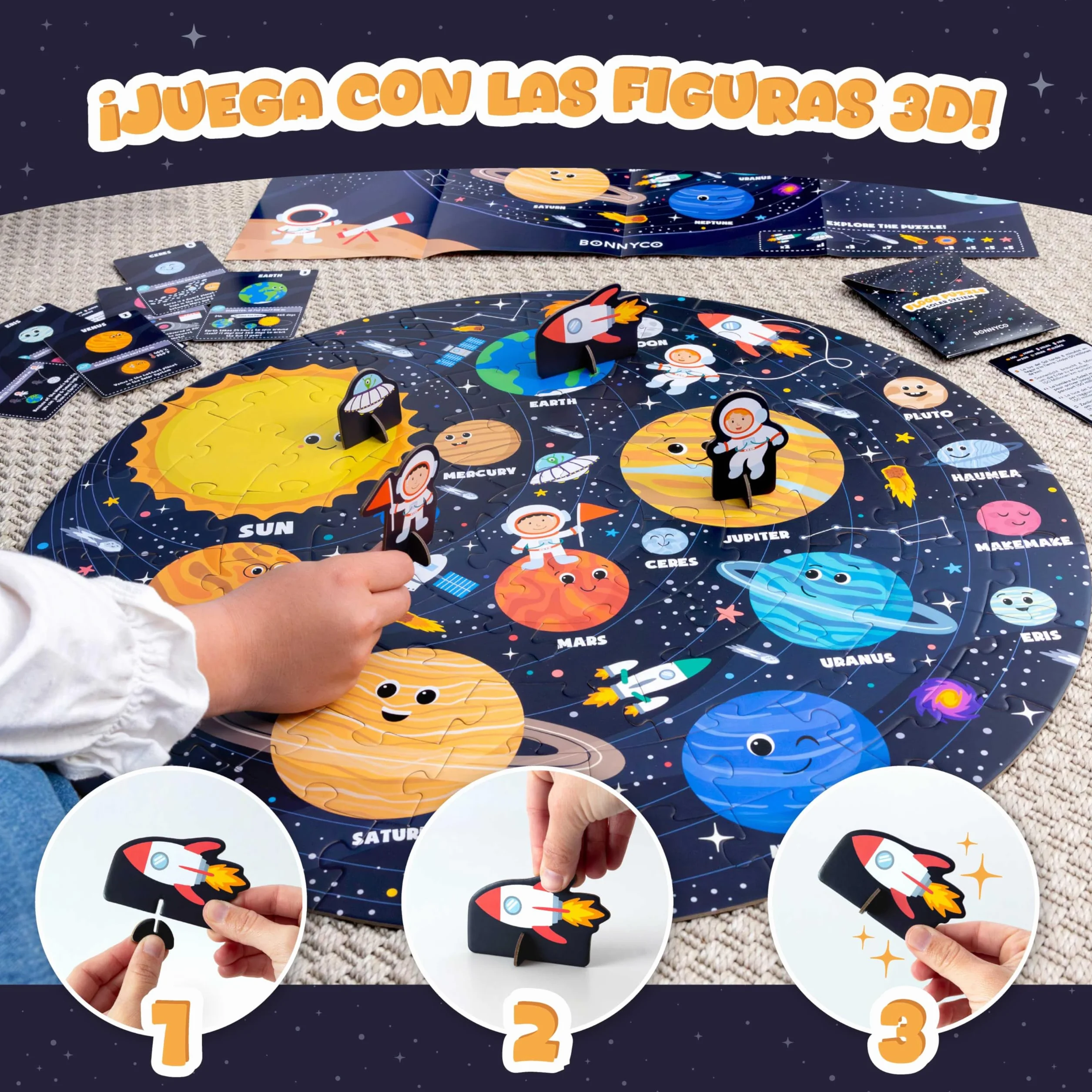 BONNYCO Puzzle XXL Sistema Solar 70 Piezas 58x58 cm Rompecabezas Redondo Planetas Juegos Educativos Niños 4 Años