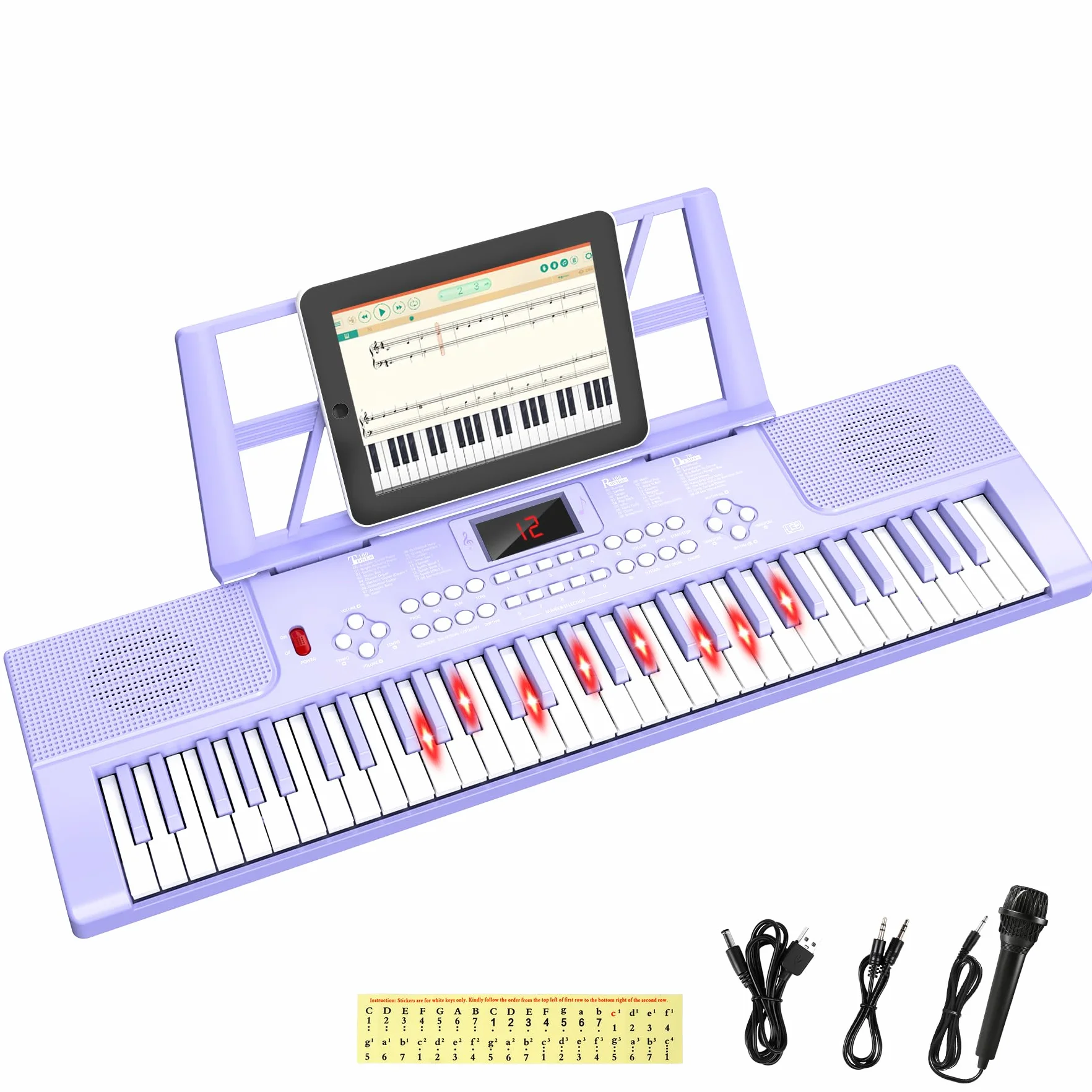 Piano digital electrónico para niños con teclas iluminadas, portátil, de 61 teclas, juguete musical educativo para principiantes con atril y micrófono. (Púrpura)