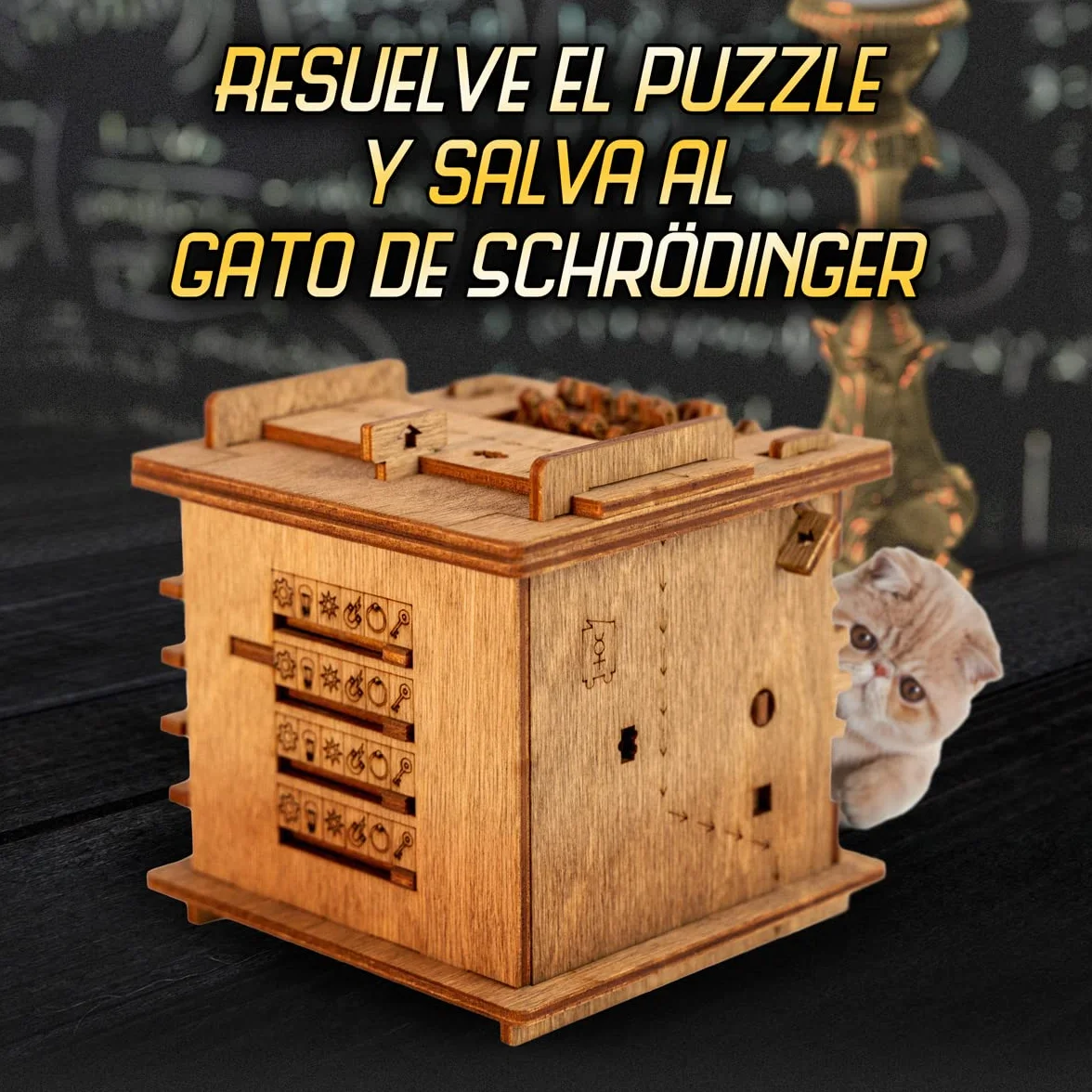 iDventure Cluebox - El Gato de Schrödinger - Enigma 3D de Madera con Mecanismos Secretos – Un Desafío Intrigante para Mentes Curiosas y Amantes de los Rompecabezas, Ideal para Quienes Buscan un Reto
