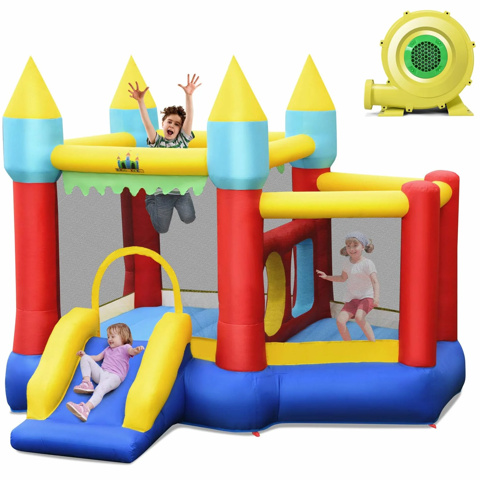 COSTWAY Castillo Hinchable con Tobogán, Castillo Inflable de 301x313x165cm para Niños de 3 a 10 años, con 100 Bolas Oceánicas, Kit de Reparación y Bolsa de Transporte (con Soplador de 480 W)