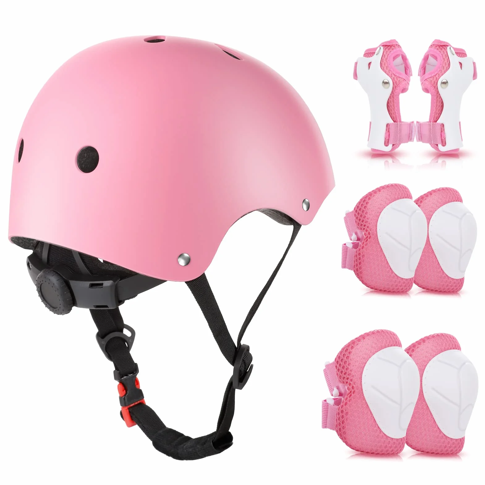 WayEee Equipo de Protección Infantil 7PCS Casco Rodilleras Coderas Muñequeras Ciclismo Patinaje Rosa
