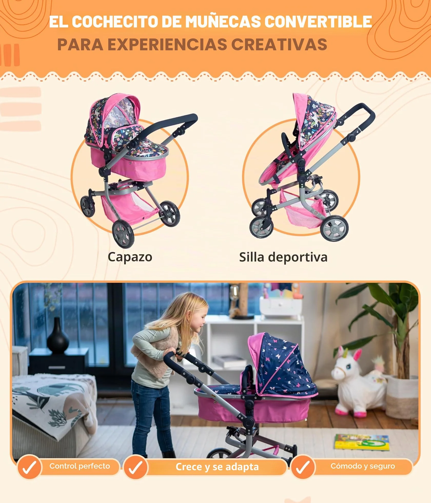Bayer Chic 2000 Cochecito de muñecas Mika 2 en 1 para niños de 4 a 8 años Estrellas moradas