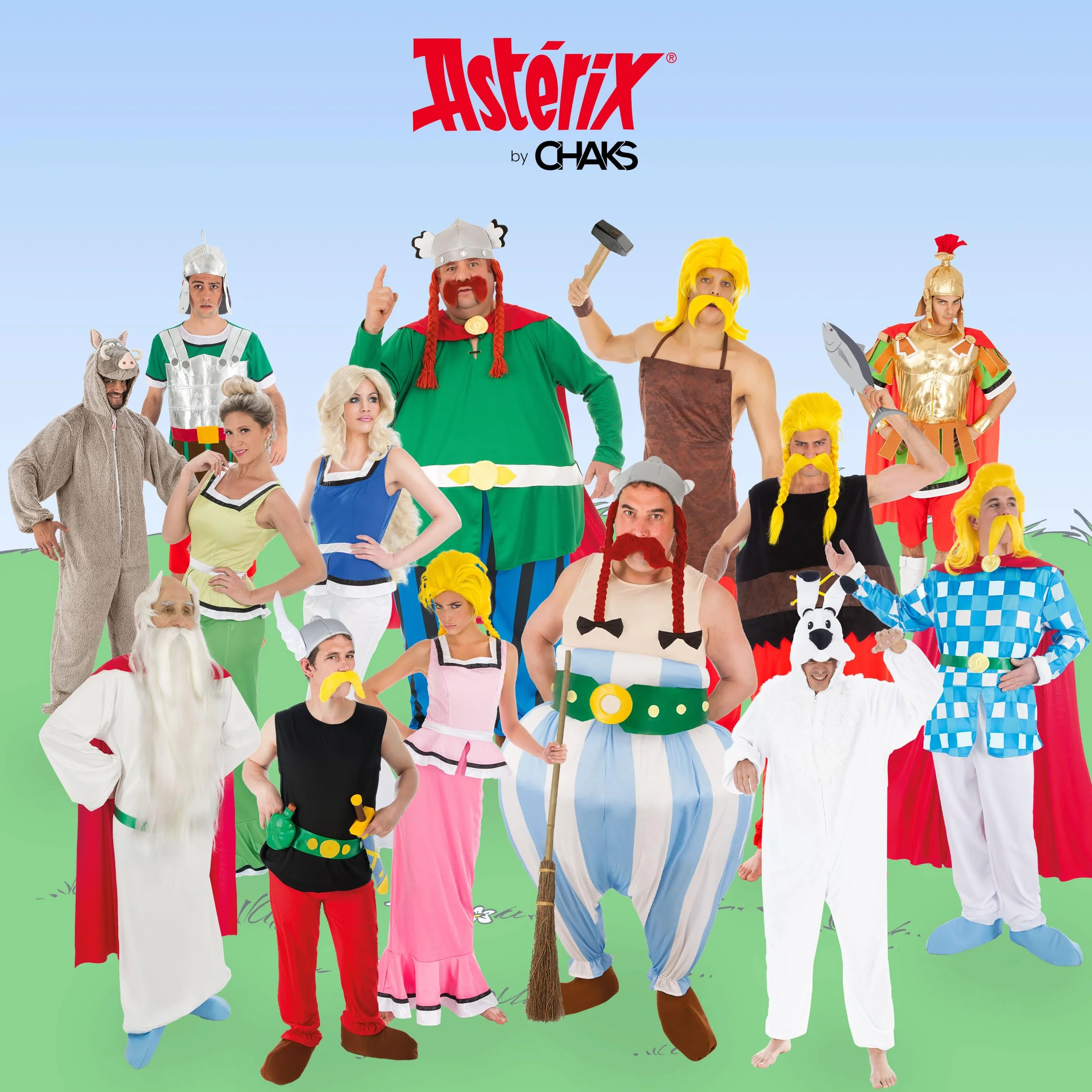 Chaks - Conjunto de disfraz de Obélix para hombre, Carnaval y Comic Con | Disfraz oficial de Astérix, conjunto galo de 5 piezas con mono, cinturón, casco, cubrezapatos y bigote