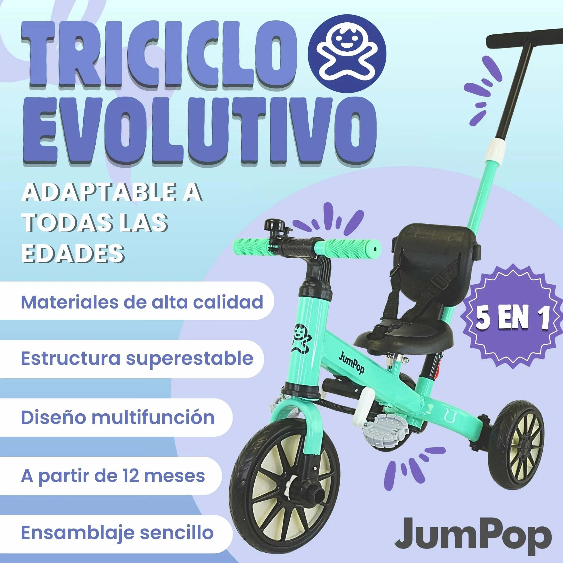JumPop® Triciclo Evolutivo 5 en 1 + Timbre con Pegatinas y Vídeo Montaje QR incluído | Triciclo Bebe 1 Año a 4/5 Años(Dependiendo del tamaño) con Complementos Divertidos