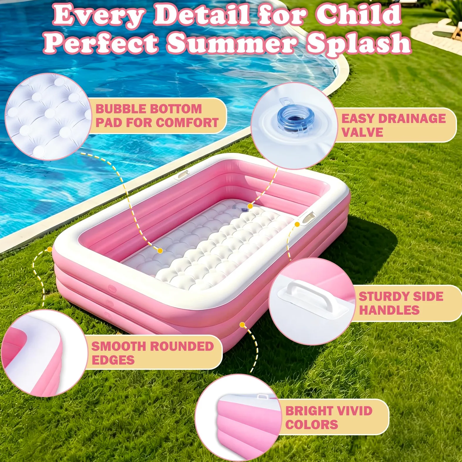 Piscina Hinchable Niños, Piscina Infantil Rectangular con 2 Pelotas de Playa y 2 Mini Pistolas de Agua, Piscine de Verano para Jardín, Exterior y Fiestas de Verano (Rosa)