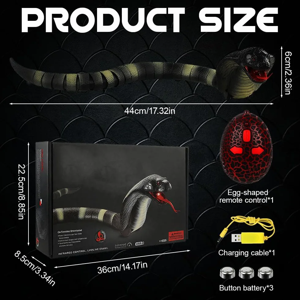 Serpiente teledirigida, RC teledirigido cobra serpiente, serpiente de juguete eléctrico, con mando a distancia, ojos LED brillantes, lengua retráctil