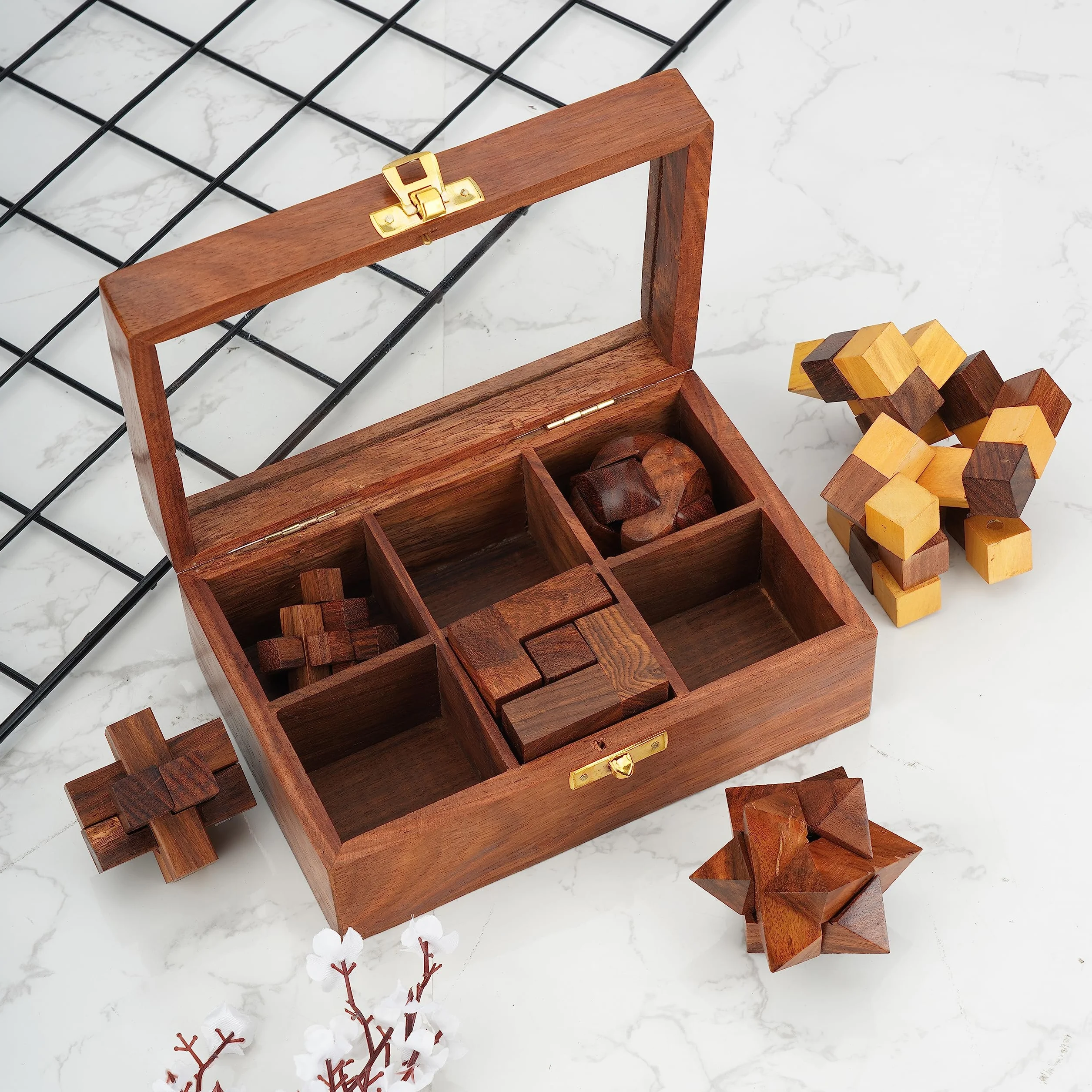 Ajuny Set de Juegos de Rompecabezas de Madera - Desafiantes 3D para Adolescentes y Adultos con Caja de Almacenamiento Decorativa para Pruebas de IQ, Juegos Artesanales como Regalos