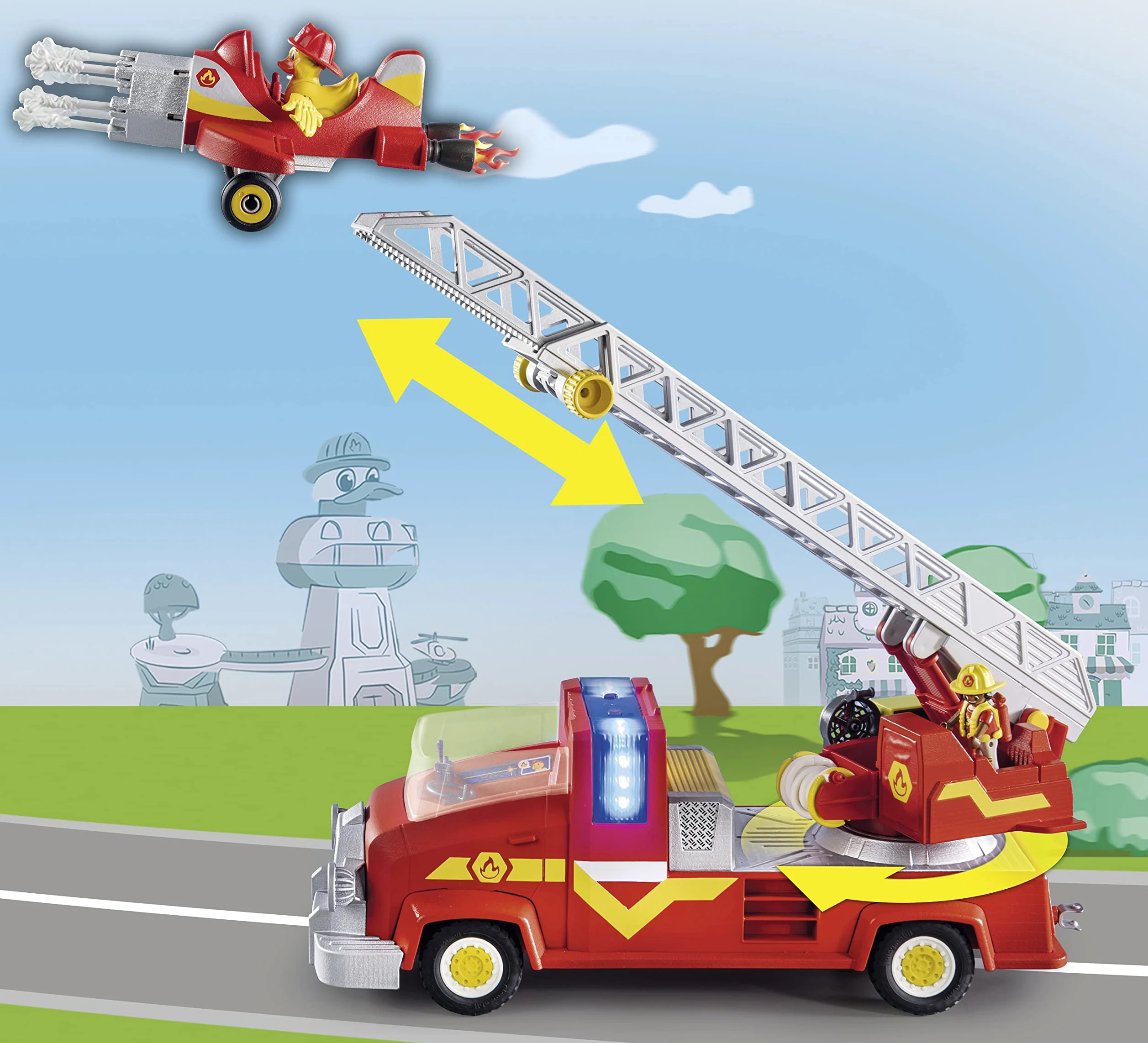 PLAYMOBIL Duck ON Call 70911 Camión de Bomberos con miniavión, con luz y Sonido, Juguete para niños a Partir de 3 años