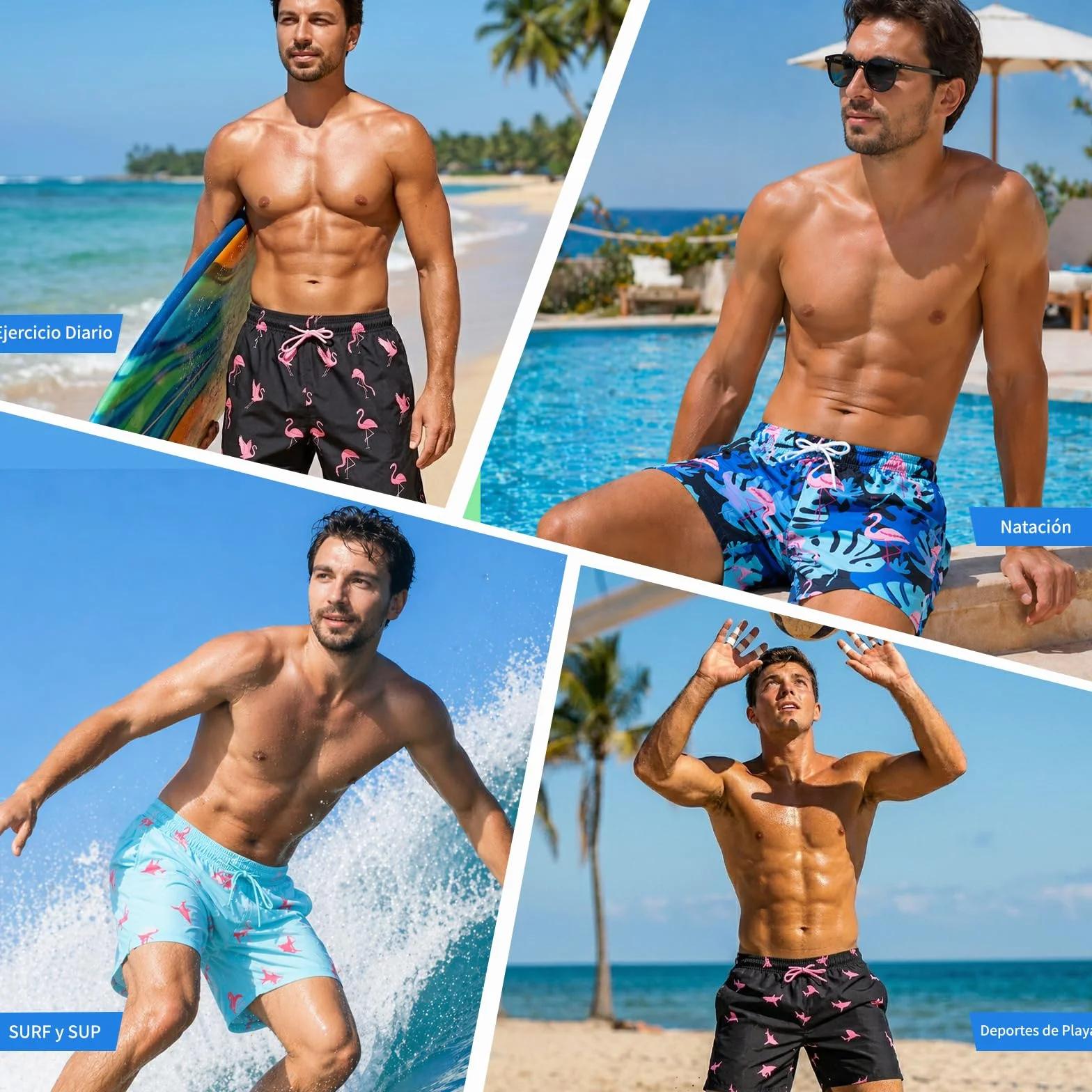 Bañador Hombre Corto 2 en 1 con Forro de Compresión Secado Rápido Impermeable Bolsillos Cremallera Short Playa Surf