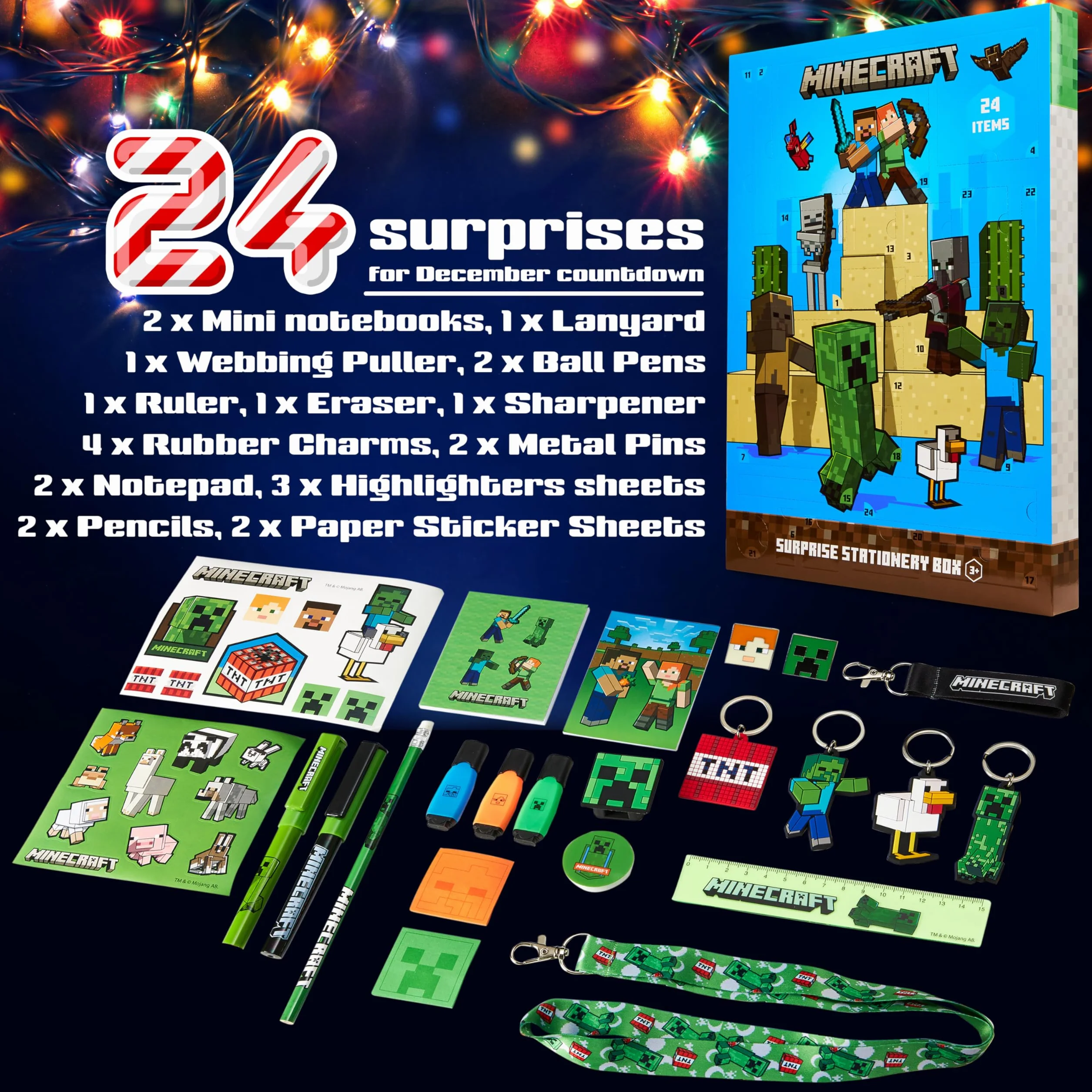 Minecraft Calendario Adviento 2025 Creeper Calendário Cuenta Atrás para Navidad Material Escolar Papelería y Accesorios Bolígrafos Pegatinas Llavero (Azul)