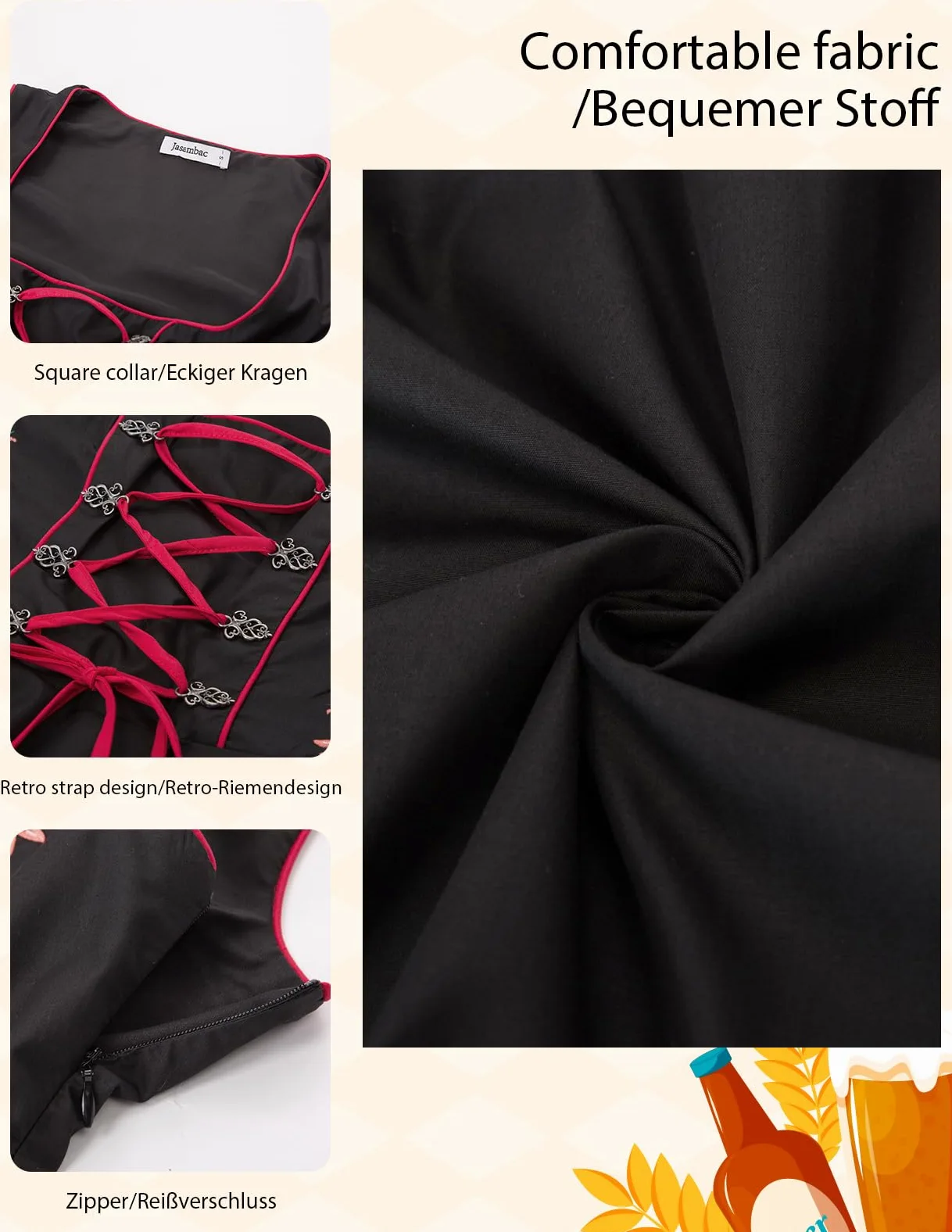 JASAMBAC Disfraz de tirolesa alemana para mujer, 3 piezas, para Oktoberfest, carnaval | Trajes tradicionales bávaros, festivales de cerveza de octubre, Halloween, fiestas temáticas, cosplay