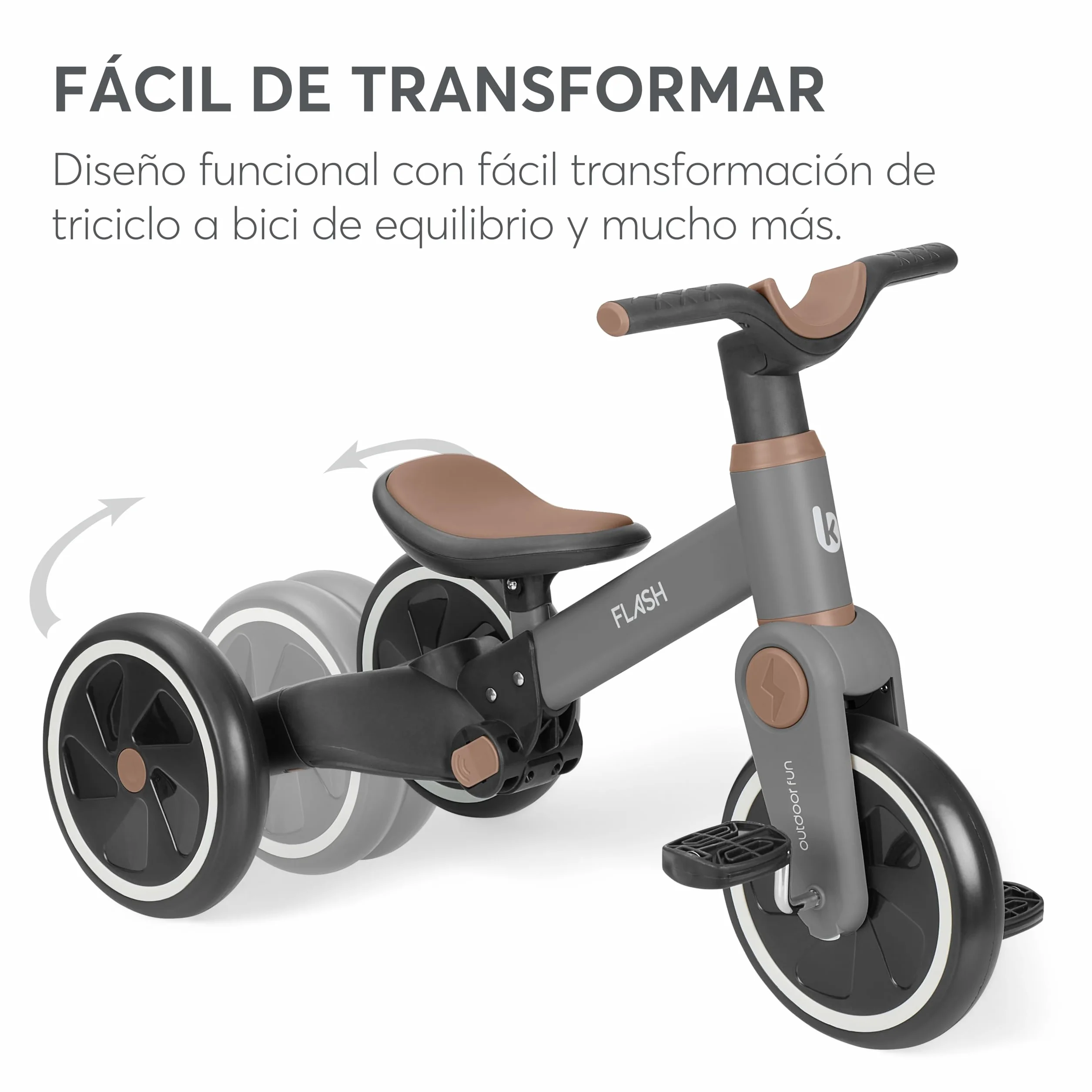 KikkaBoo Triciclo Evolutivo de Bebé 5 en 1 Flash, Desde 18 Meses a 4 Años, Transformable en Bicicleta Sin Pedales, con Manillar de Empuje Ajustable, Ligero, Ruedas EVA, Gris