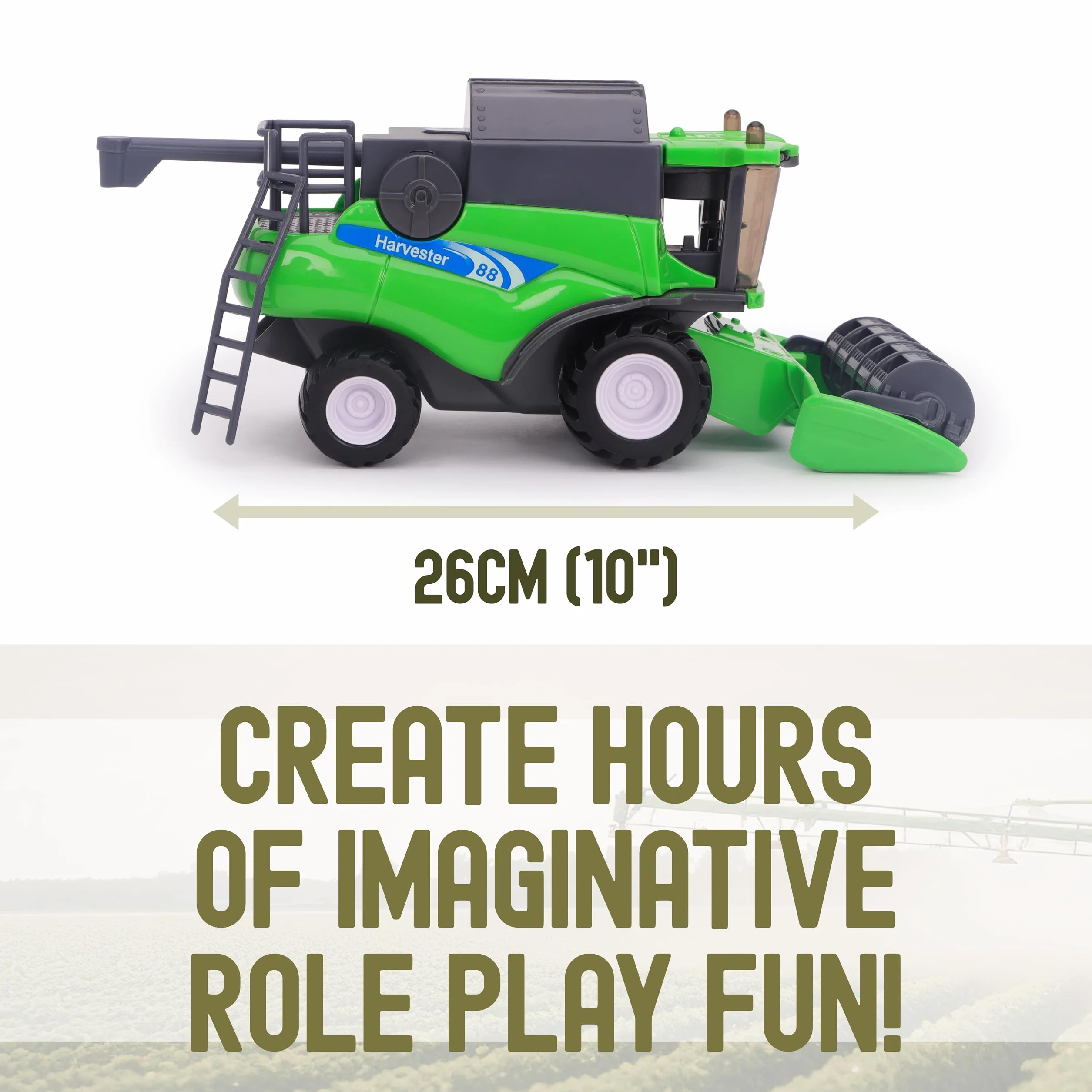 Toyland® 26cm (10”) Cosechadora de Juguete Verde a Escala 1:32 - Vehículo agrícola impulsado por fricción con Piezas móviles - Juego Interactivo para niños - Más de 3 años