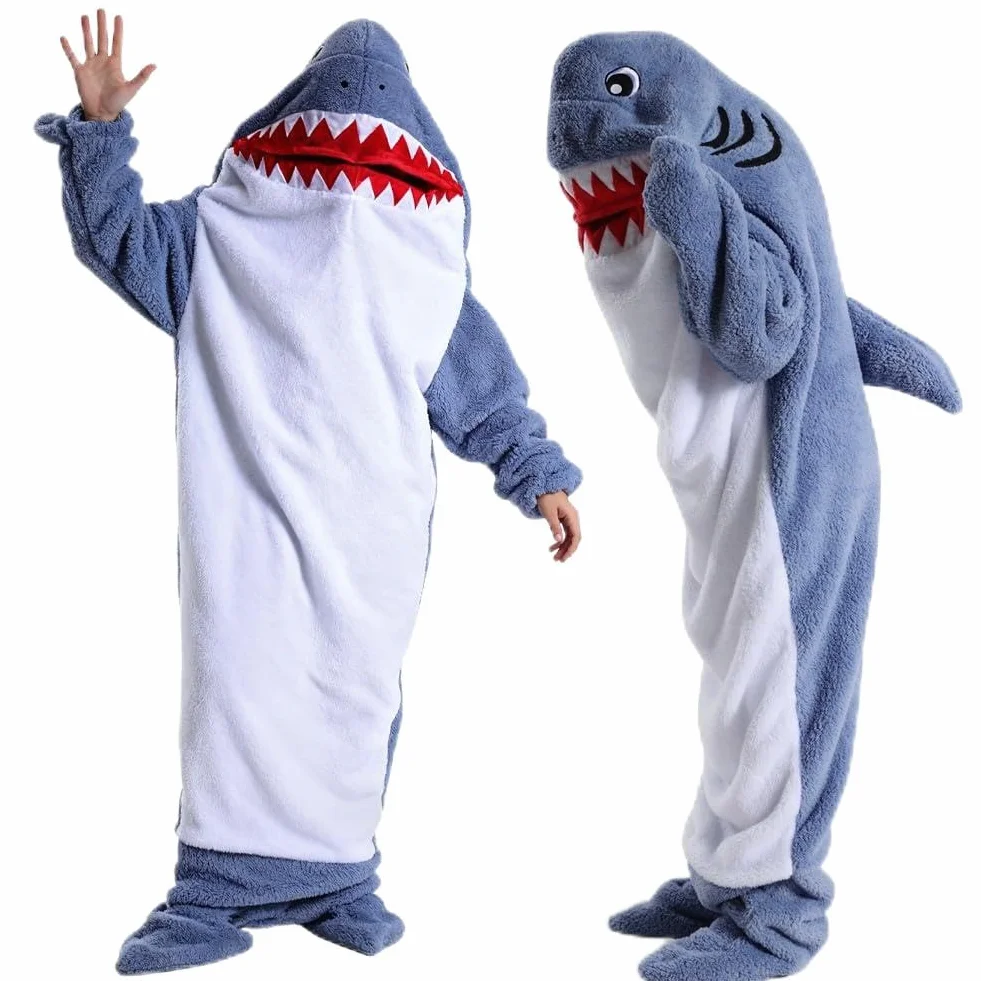 FARYODI Hai Sudadera Manta con Capucha S-XXL, Saco de Dormir con Capucha Shark, Mono de Franela Shark con Pies, Manta de Fanela, Regalo para Fiestas de Pijamas de Dibujos Animados