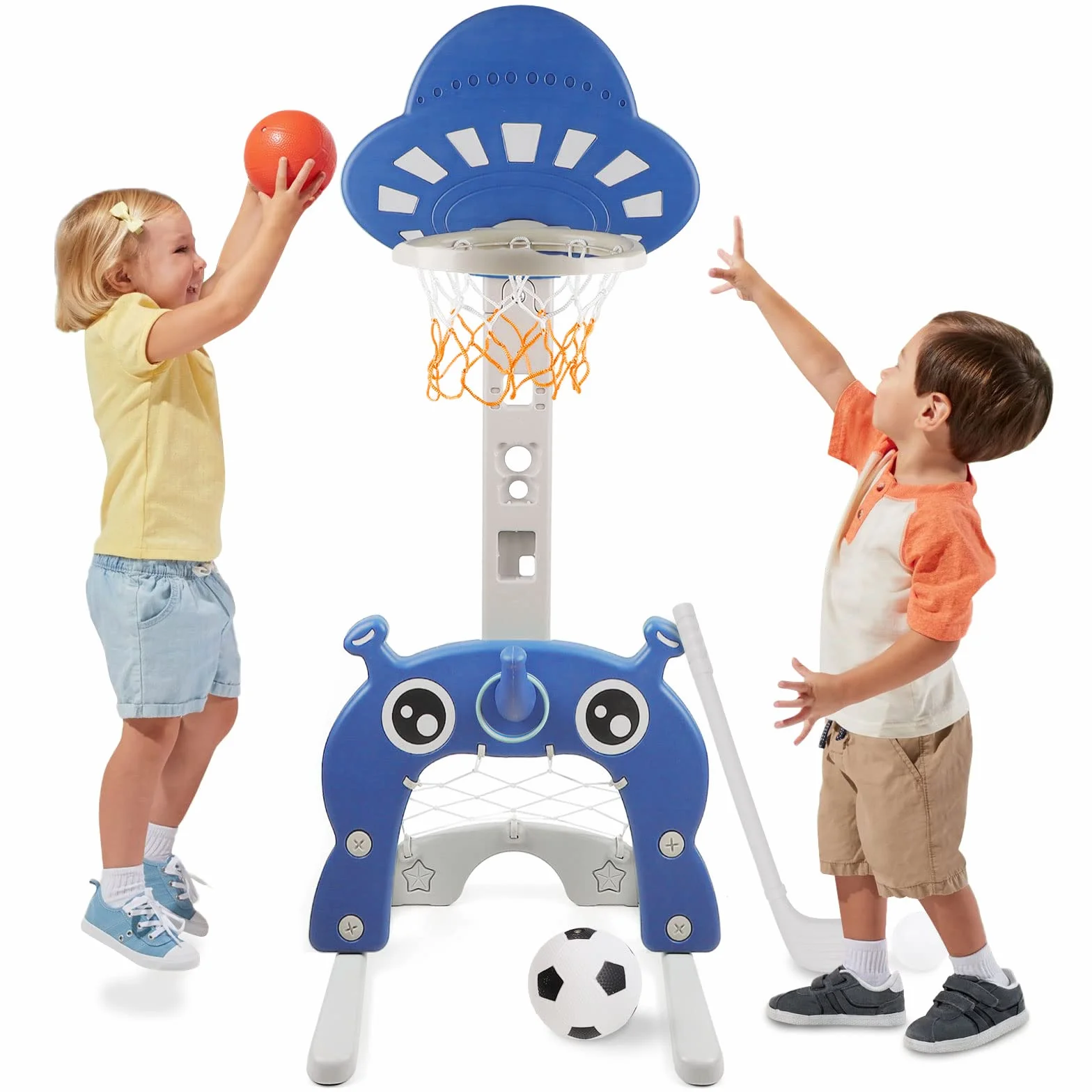 Canasta de Baloncesto para Niños 4 en 1 Regulable en Altura con Juego de Golf, Fútbol y Portería Azul