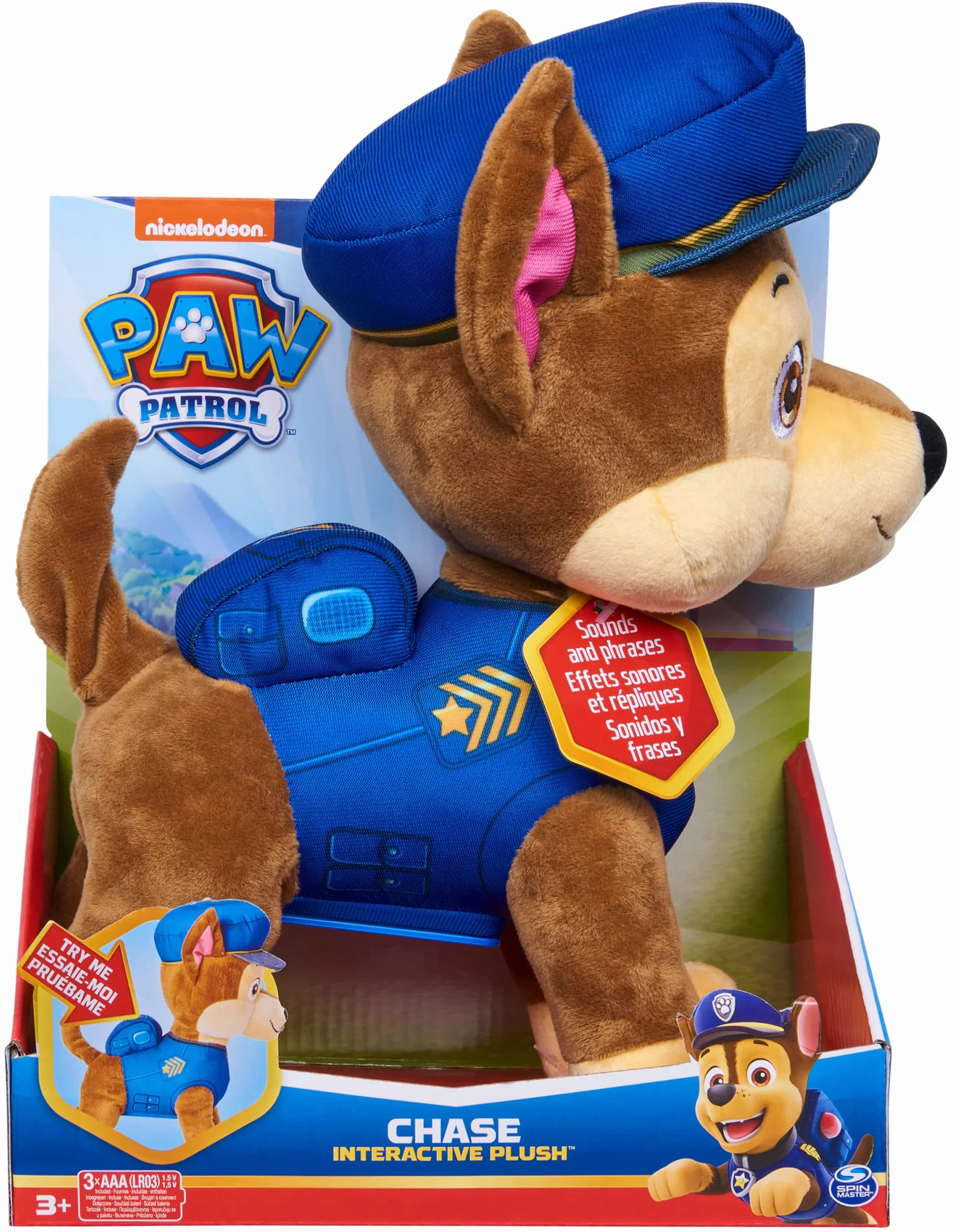 Paw Patrol, Talking Chase - Juguete de Peluche Interactivo de 12 Pulgadas de Alto con Sonidos, Frases y Cola meneando, Animales de Peluche, Juguetes para niños a Partir de 3 años