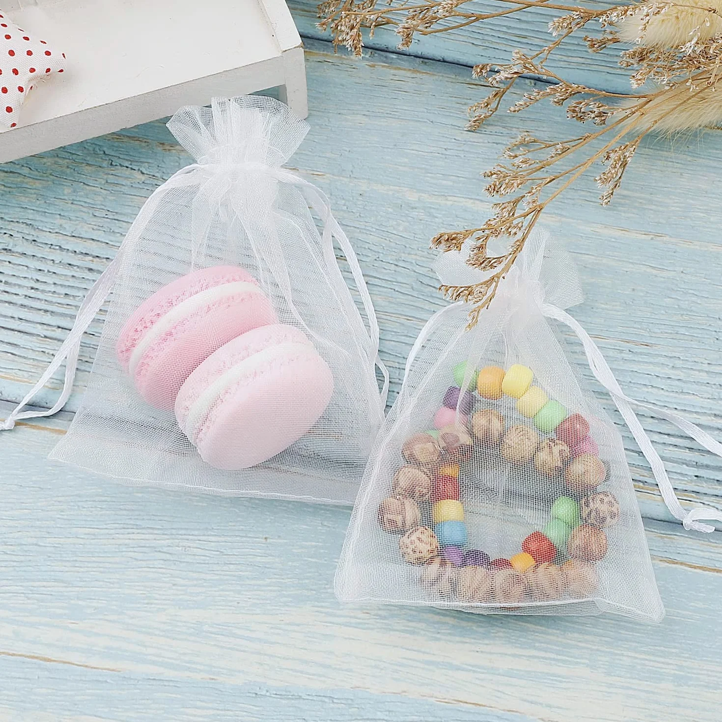 100 bolsas de organza blancas de 9 x 12 cm, bolsas de regalo, joyas para bodas, fiestas, festivales, fiestas y bodas, cordón de satén