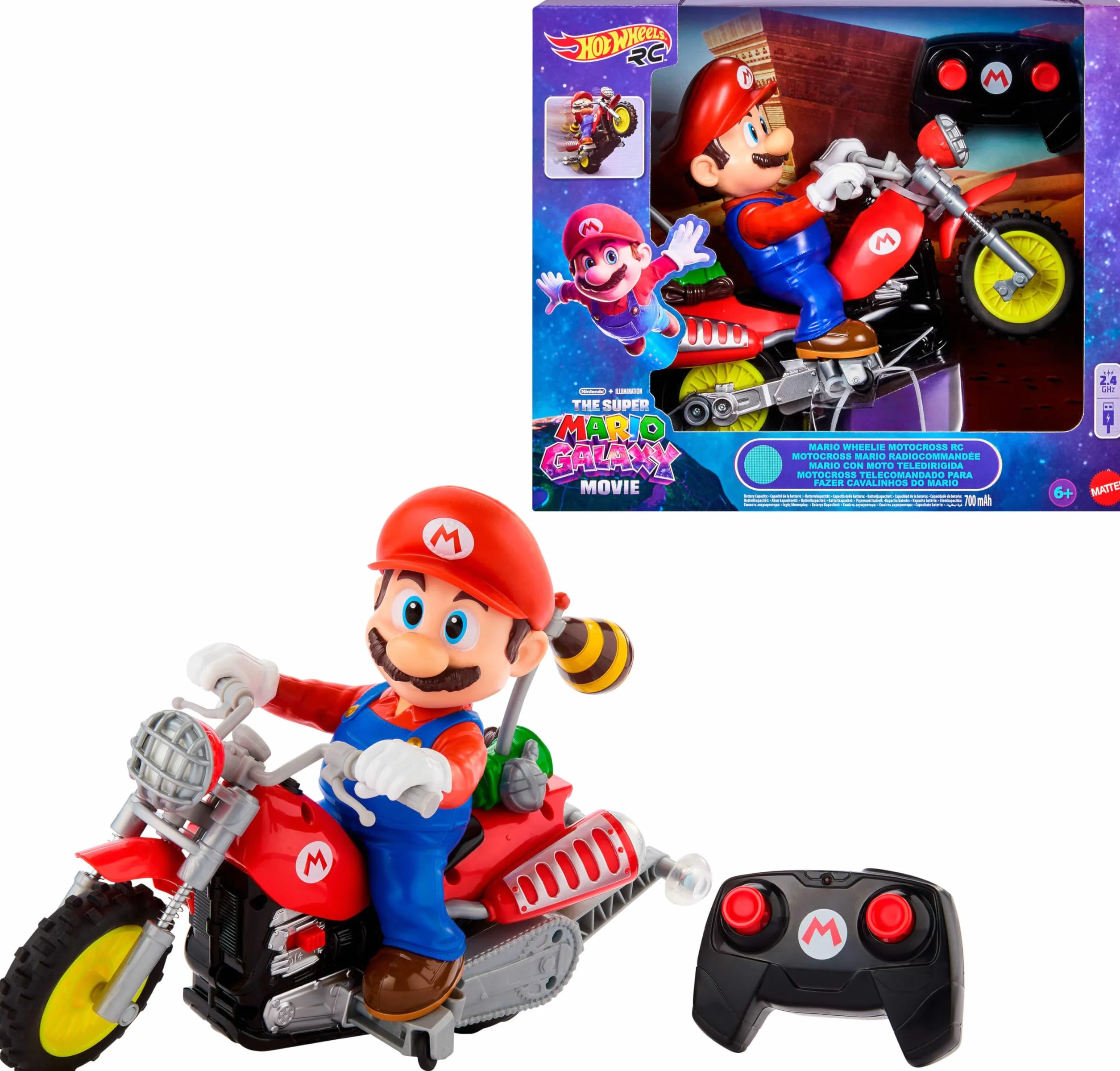 Hot Wheels Mario Kart Moto teledirigida, Moto de Motocross teledirigida para Hacer caballitos de “Super Mario Galaxy: la película” con Figura de héroe, JML15