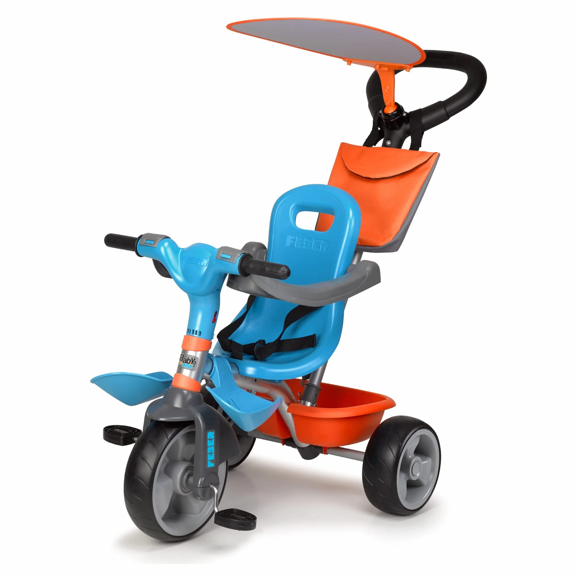 FEBER - Baby Plus Music, Triciclo para Niños con Estructura Metálica y Cinturón de Seguridad, 2 Posiciones, Silla de Empuje y Mando para Música con Altavoz, 9 Meses+, Azul, Famosa (800012100)