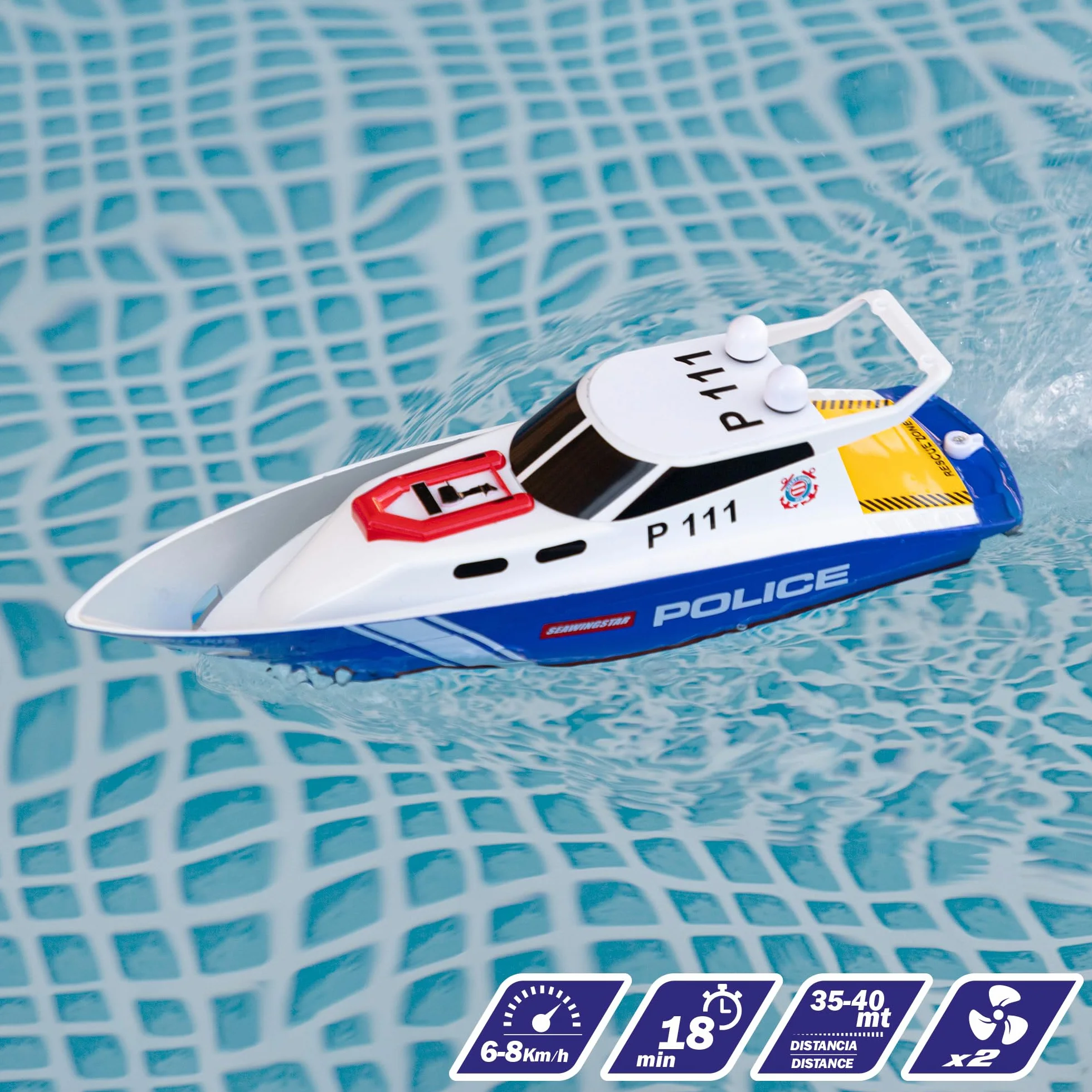 ColorBaby 47674 Racing Boat Lancha radiocontrol policía, 36x10x10 cm, Mando Control Remoto, 6 direcciones, 2.4 GHz, Alcance 35-40 m, Barco RC, Juguetes radiocontrol, Juguetes para niños, +4 años