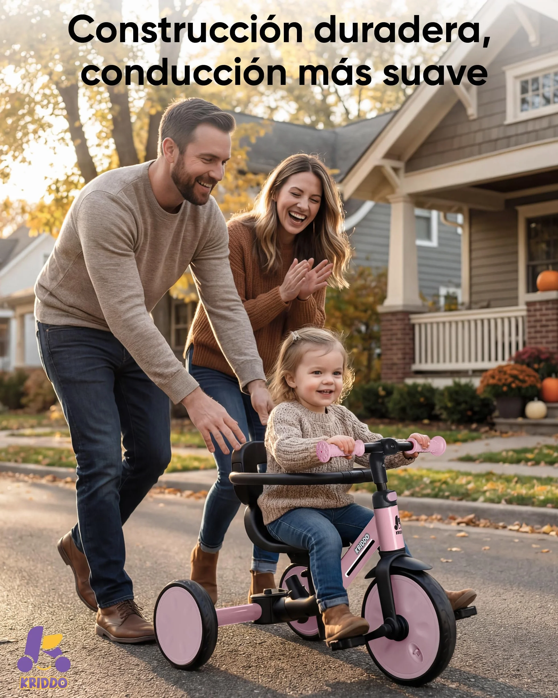 KRIDDO Triciclo Evolutivo 7 en 1 para Niños de 18 Meses a 5 Años – con Barra de Empuje, Triciclo y Bicicleta con o sin Pedales, Arnés de 3 Puntos, Bolsa de Almacenamiento, Rosa