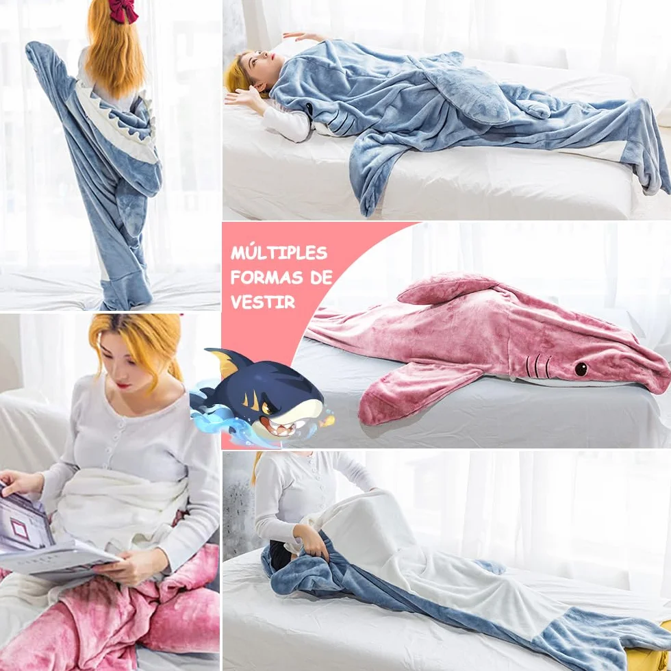 Manta de Tiburón con Capucha, Manta de Tiburón Onesie Saco de Dormir, Suave Franela Tiburón Manta con Capucha, Wearable Cola de Tiburón Onesie Manta (L(67 * 27,5in), Rosa)