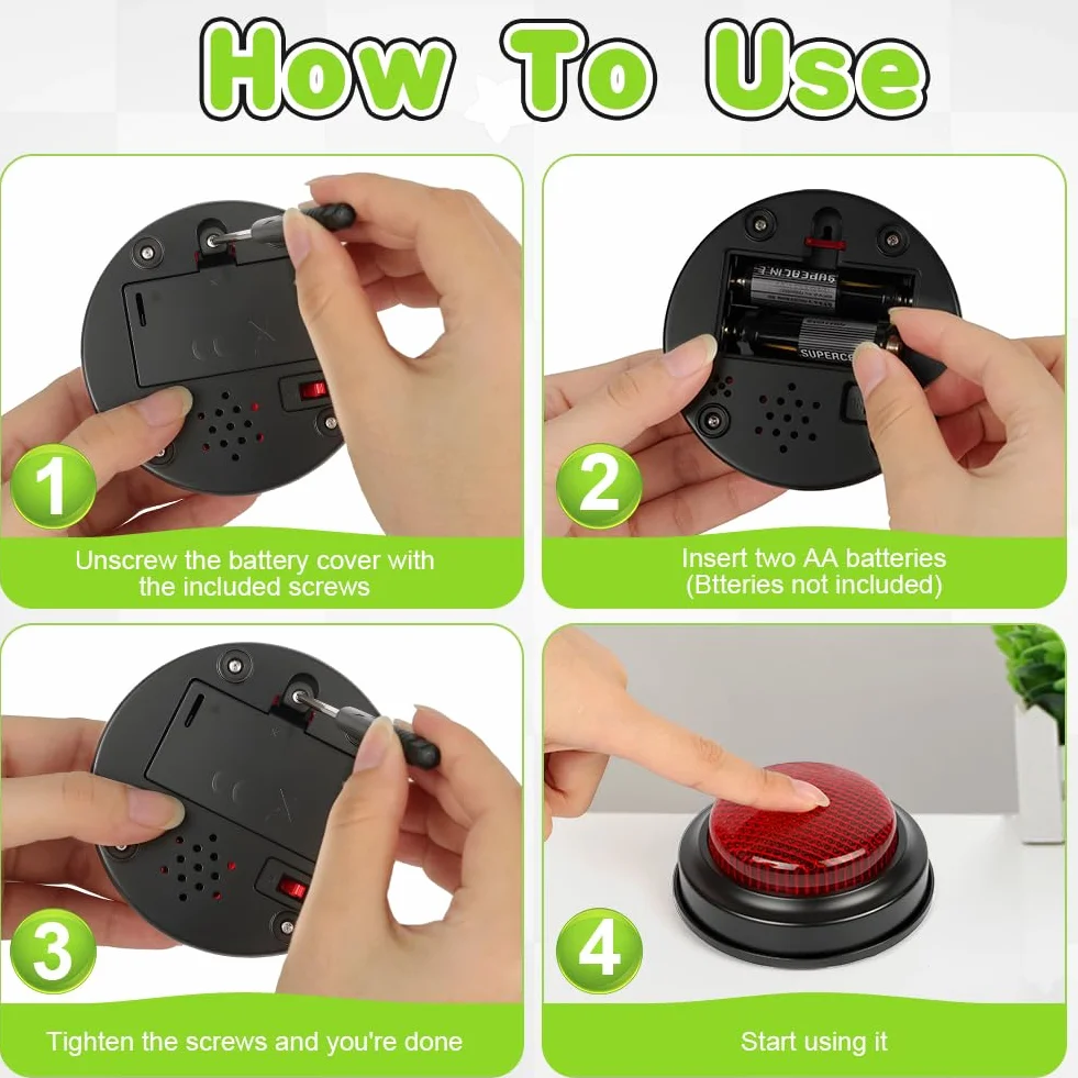 Botones de Respuesta, Accesorio para Quizz Timbre Luminoso y sonoro, Color Surtido, 4 Unidades, Juegos Educativos Regalos
