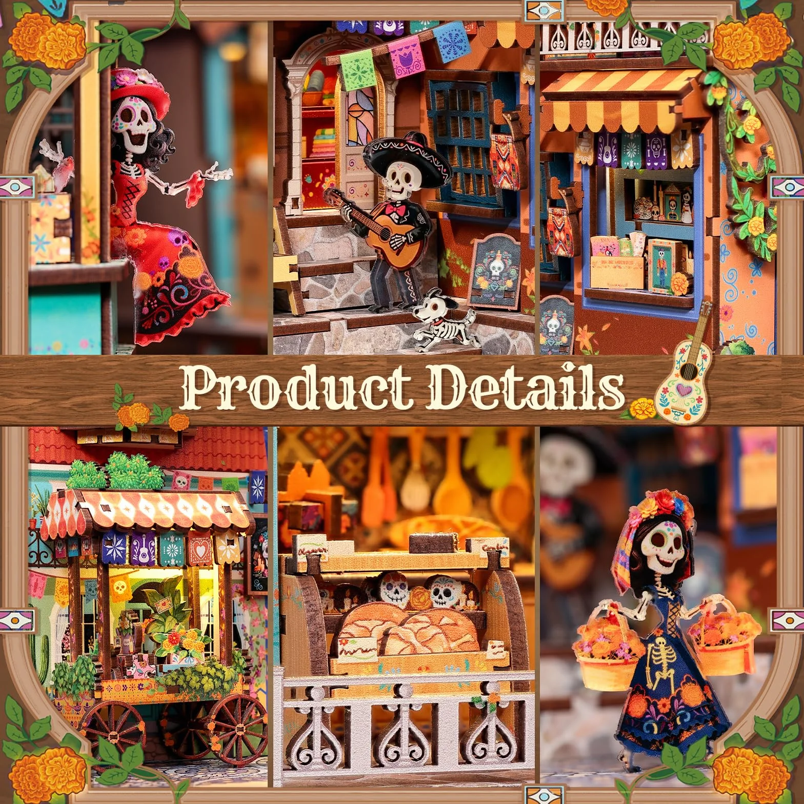 CUTEBEE Book Nook Kit - Casa de Muñecas DIY para Adultos, Maqueta en Miniatura para Montar, Rompecabezas 3D de Madera del Día de Muertos, Decoración para Estantería (Plaza de los Muertos)